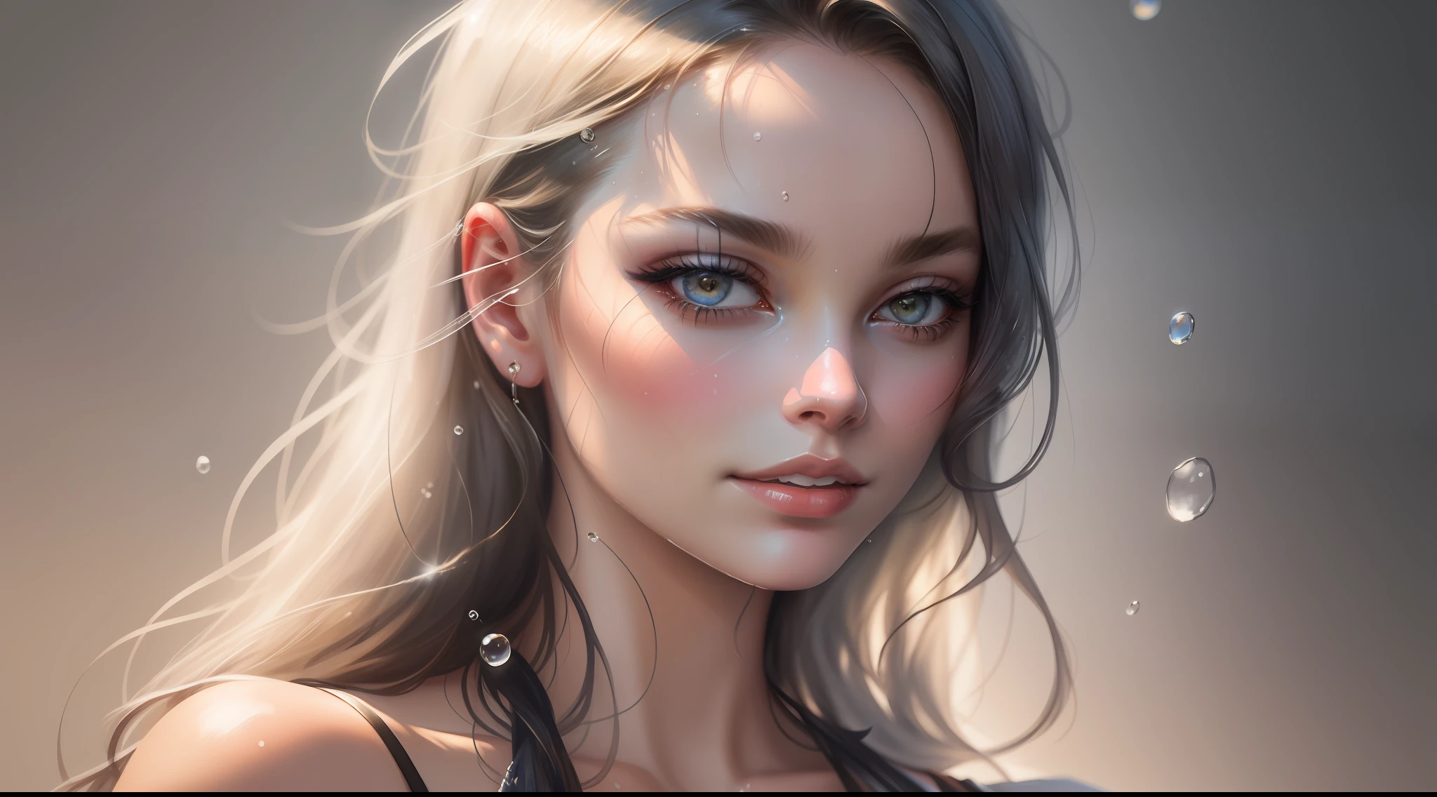 A watercolor of the model's face, raindrops as foreground, Margot Robbie, a wet look, sexy smile, white dress, long hair, fickle face, perfect anatomy, wet to wet background technique by Misilbu. hyper 8K detailed painting, resolution 8k portrait concept art by Greg Rutkowski Artgerm WLOP Alphonse Beeple Caravaggio, muted colors, watercolor style, bokeh, f1.0 lens