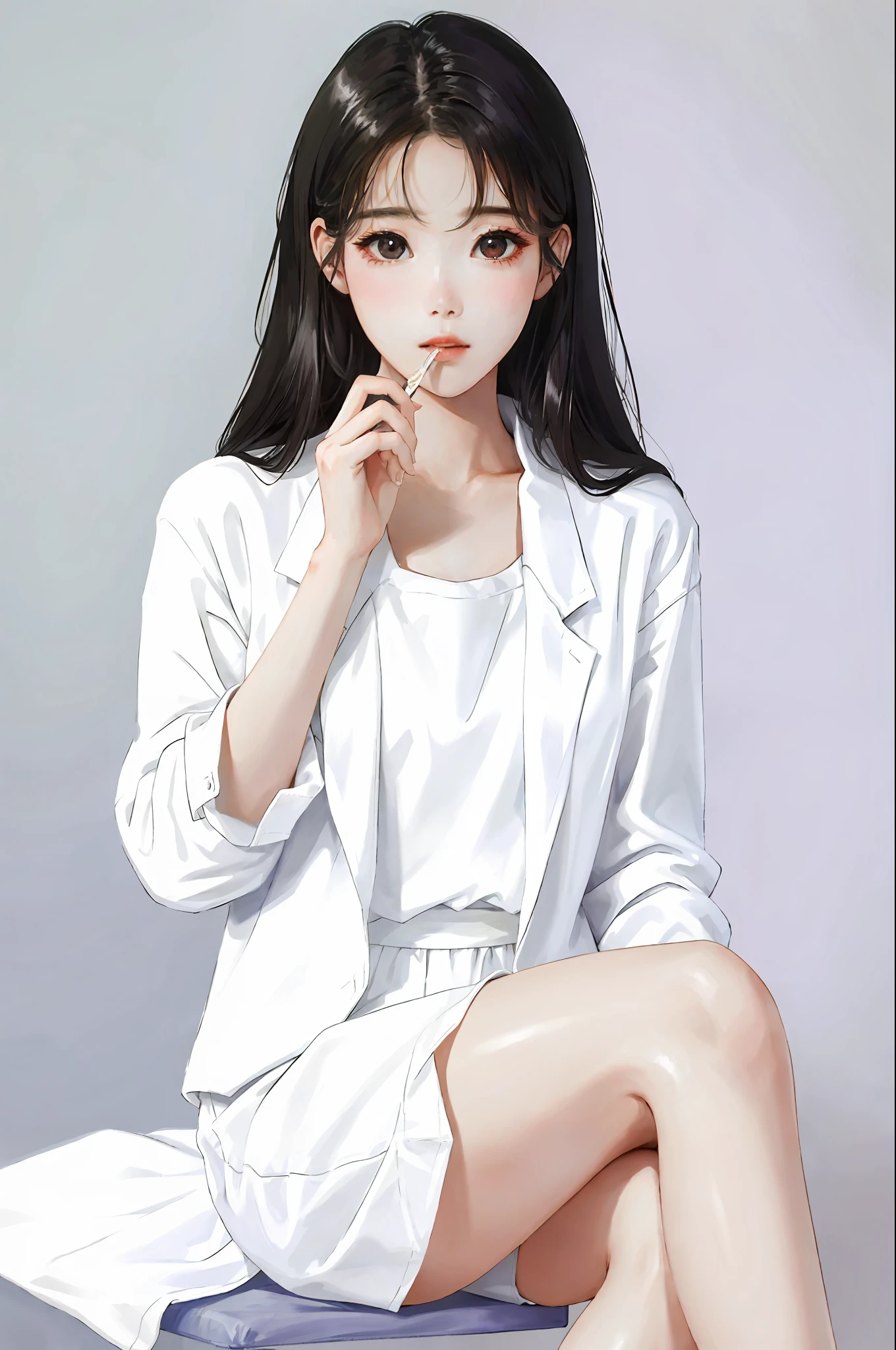 Detailed, high resolution, masterpiece, masterpiece, (IU), 1girl, solo, wearing a loose white shirt, eating breakfast, sexy, bare legs