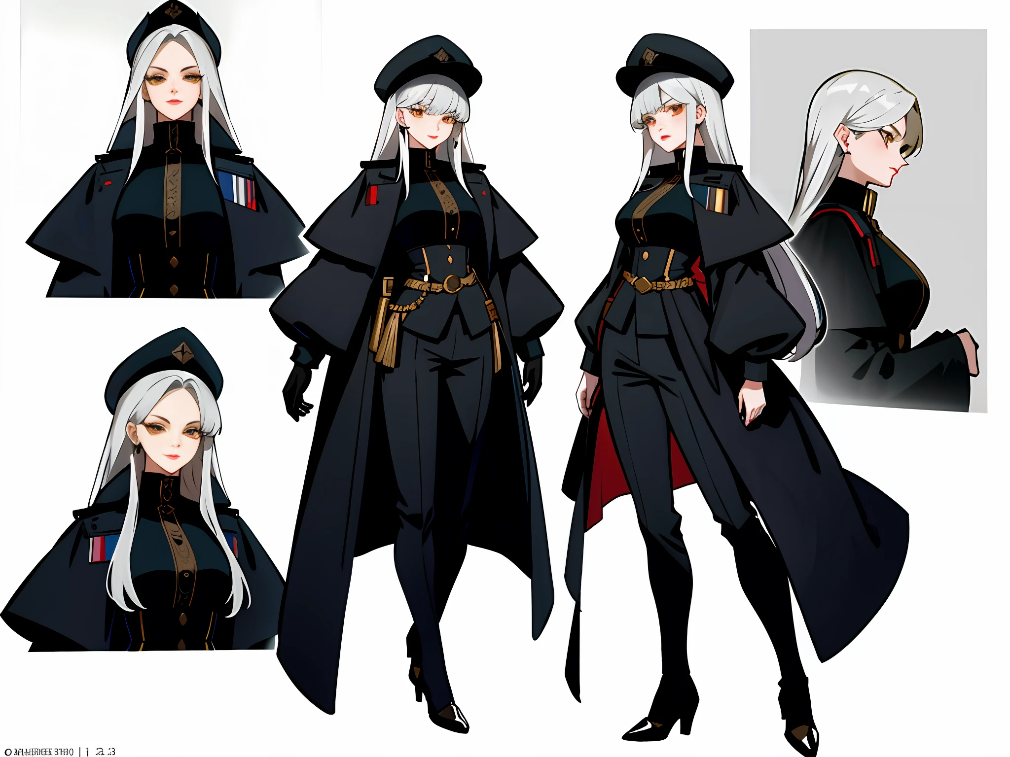 Masterpiece: 1.6, best quality: 1.4, live image: 1.2, intricate details: 1.2, charturnerv2: 1.2, 1lady full body character change,
Appearance: milf: 1.25, thin: 1.3, golden eyes, medium breasts, detailed eyes, quality eyes,
Clothing: elegant black military uniform, black long throw pants, long thigh boots with laces and thick heels.
Accessories: black elegant military hat, black earrings.
Hair: platinum hair, long hair, straight hair with bangs.
Makeup: natural, shiny skin, red lips.
(single background, white background: 1.3), multiple views, multiple views of the same character in the same outfit: 1.3.