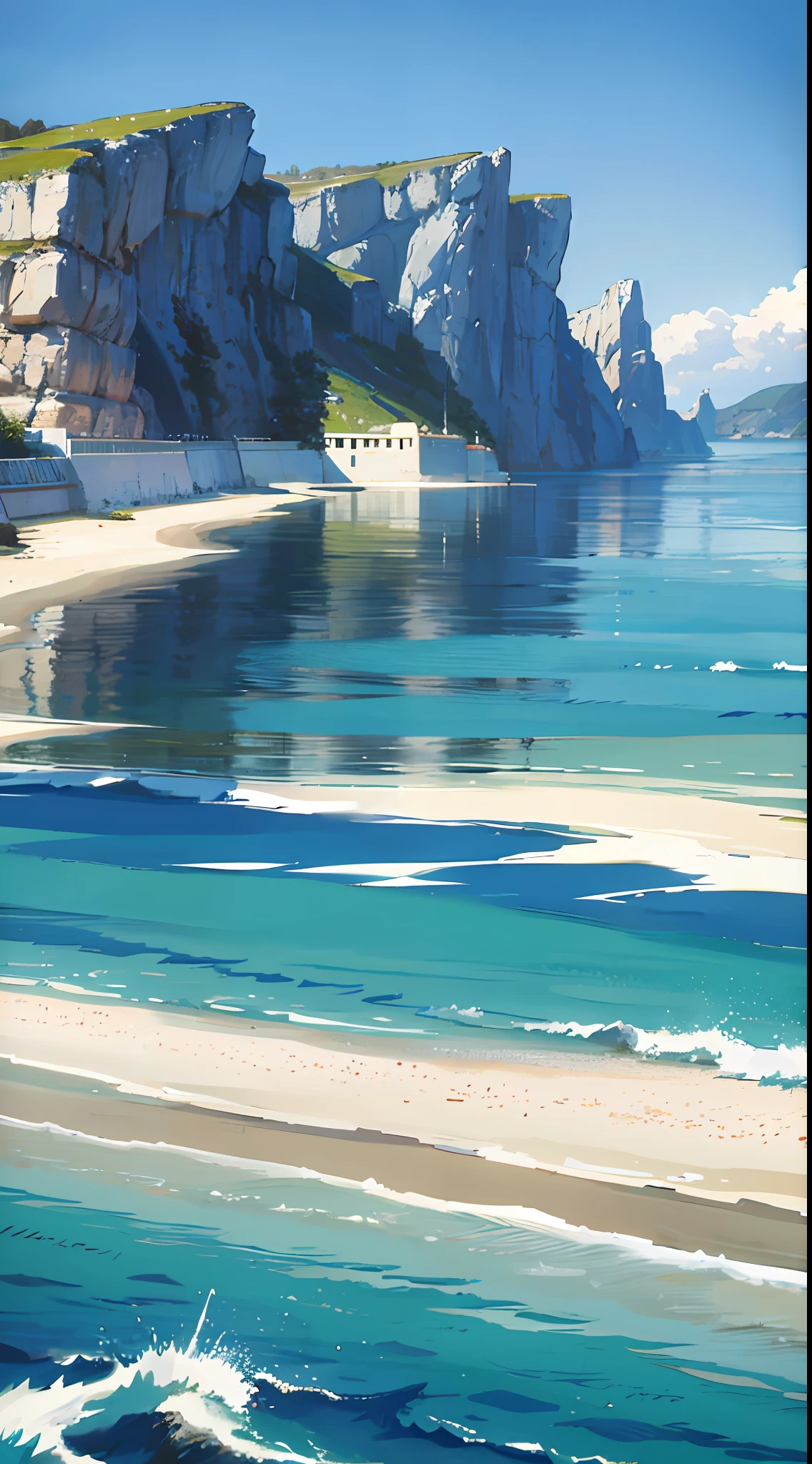 no humans, scenery, vanishing point, from below, masterpiece, best quality, 8k, absurdres, Aegean sea, water surface, summer, noon, sunlight, blue sky, perspective, depth of field, highres, finely detail, ultra-detailed, sharp focus