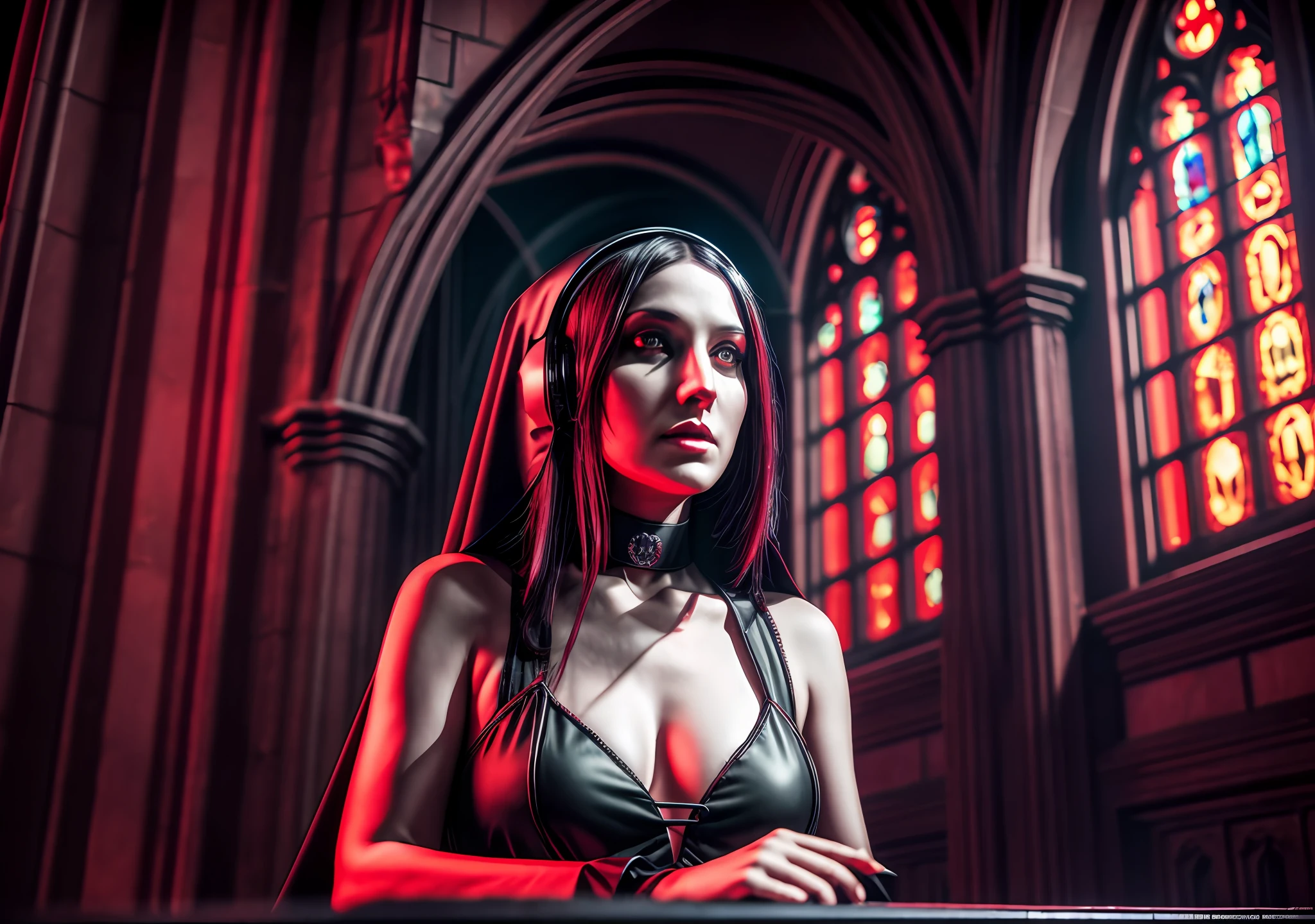 woman dj nun, dark, horror, red tones, gothic church in the background, ultra realistic, horror movie lighting, scary, chaos, Fujifilm Fujichrome Provia 100F movie, flashlight, ultra realistic, 8K UHD. --auto --s2