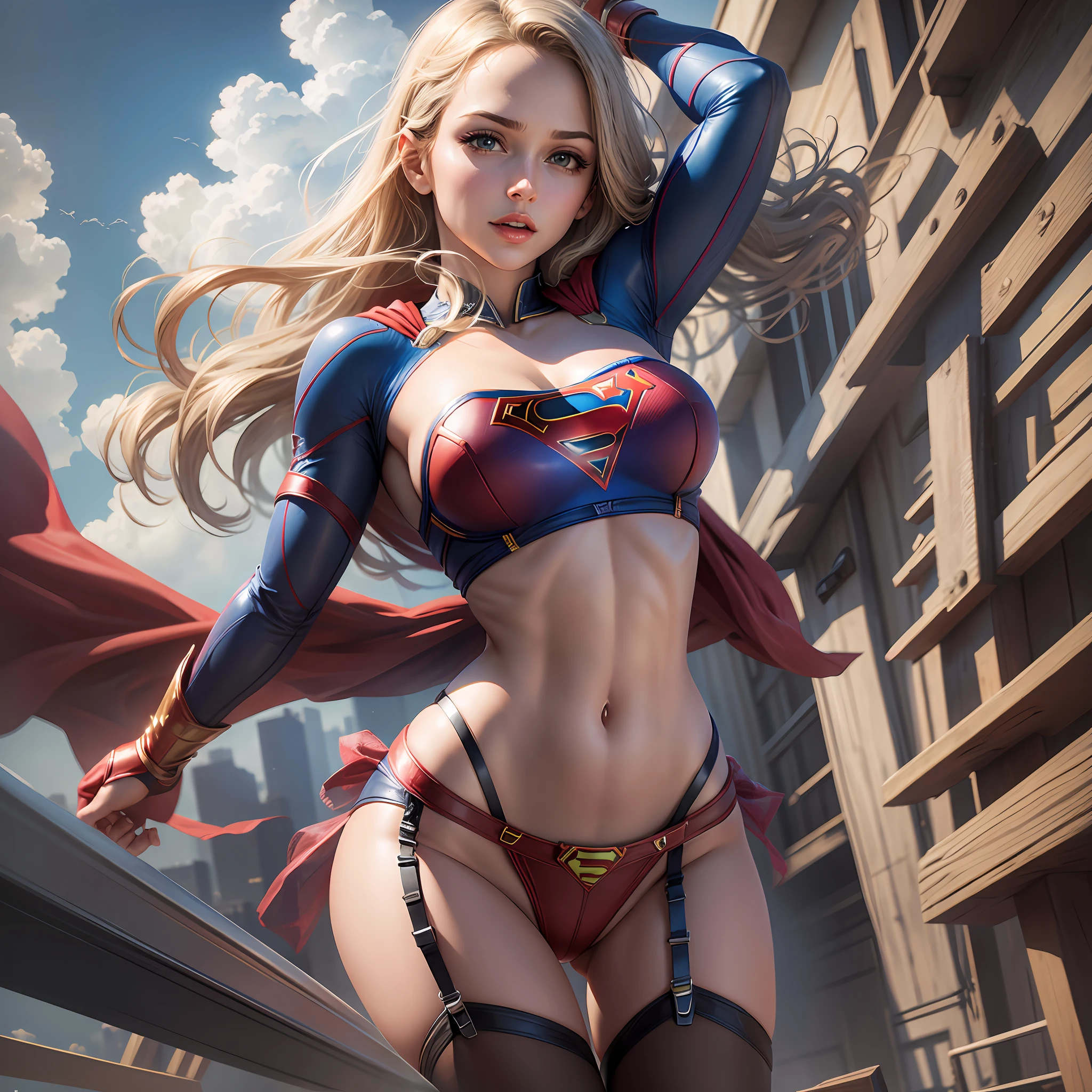 Supergirl flying sexy, wearing lingerie, photorealism --auto --s2