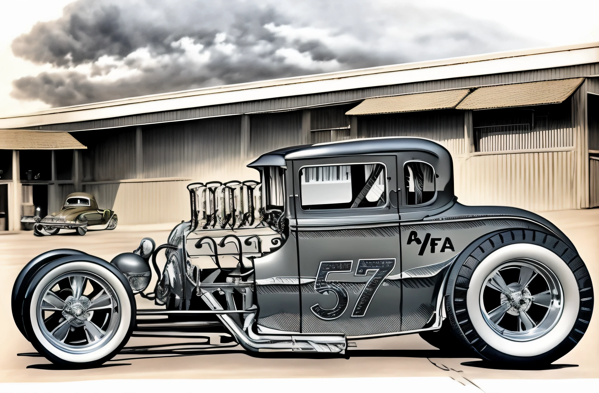 a realistic drawing of an old car with a number 57 on the front, realistic metallic engine, smoky black windows, realistic rubber wheels(()hd))) by Fred Mitchell, by Rick Griffin, by Steve Prescott, by Art Fitzpatrick, retro line art, automotive design art, 32k