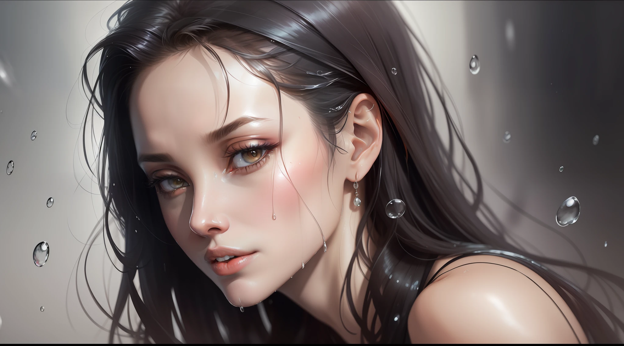 Angelina Jolie, A watercolor of the model's face, raindrops as foreground, a wet look, sexy smile, white dress, long hair, fickle face, perfect ???????, wet to wet background technique by Misilbu. hyper 8K detailed painting, resolution 8k portrait concept art by Greg Rutkowski Artgerm WLOP Alphonse Beeple Caravaggio, muted colors, watercolor style, bokeh, f1.0 lens