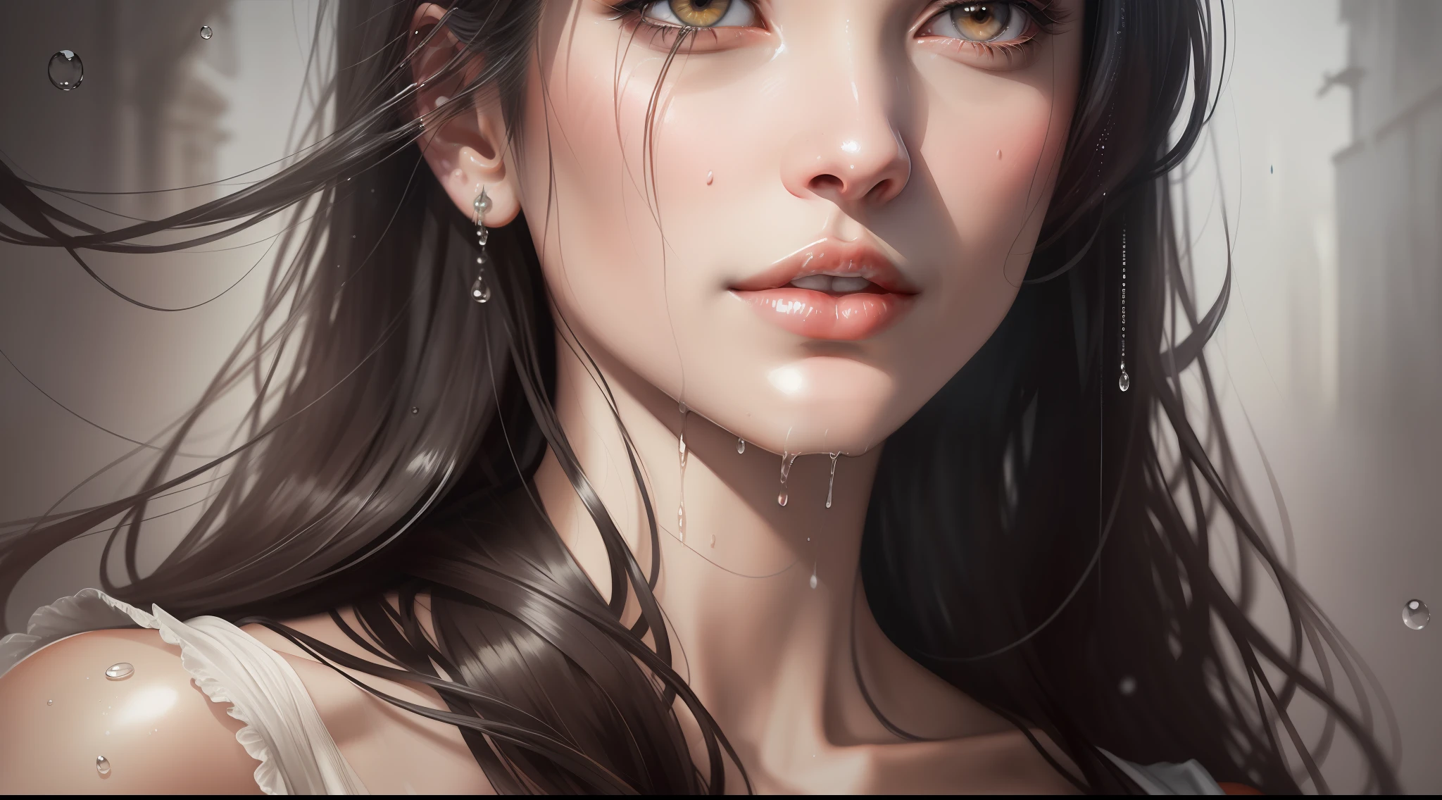 Angelina Jolie, A watercolor of the model's face, raindrops as foreground, a wet look, sexy smile, white dress, long hair, fickle face, perfect anatomy, wet to wet background technique by Misilbu. hyper 8K detailed painting, resolution 8k portrait concept art by Greg Rutkowski Artgerm WLOP Alphonse Beeple Caravaggio, muted colors, watercolor style, bokeh, f1.0 lens