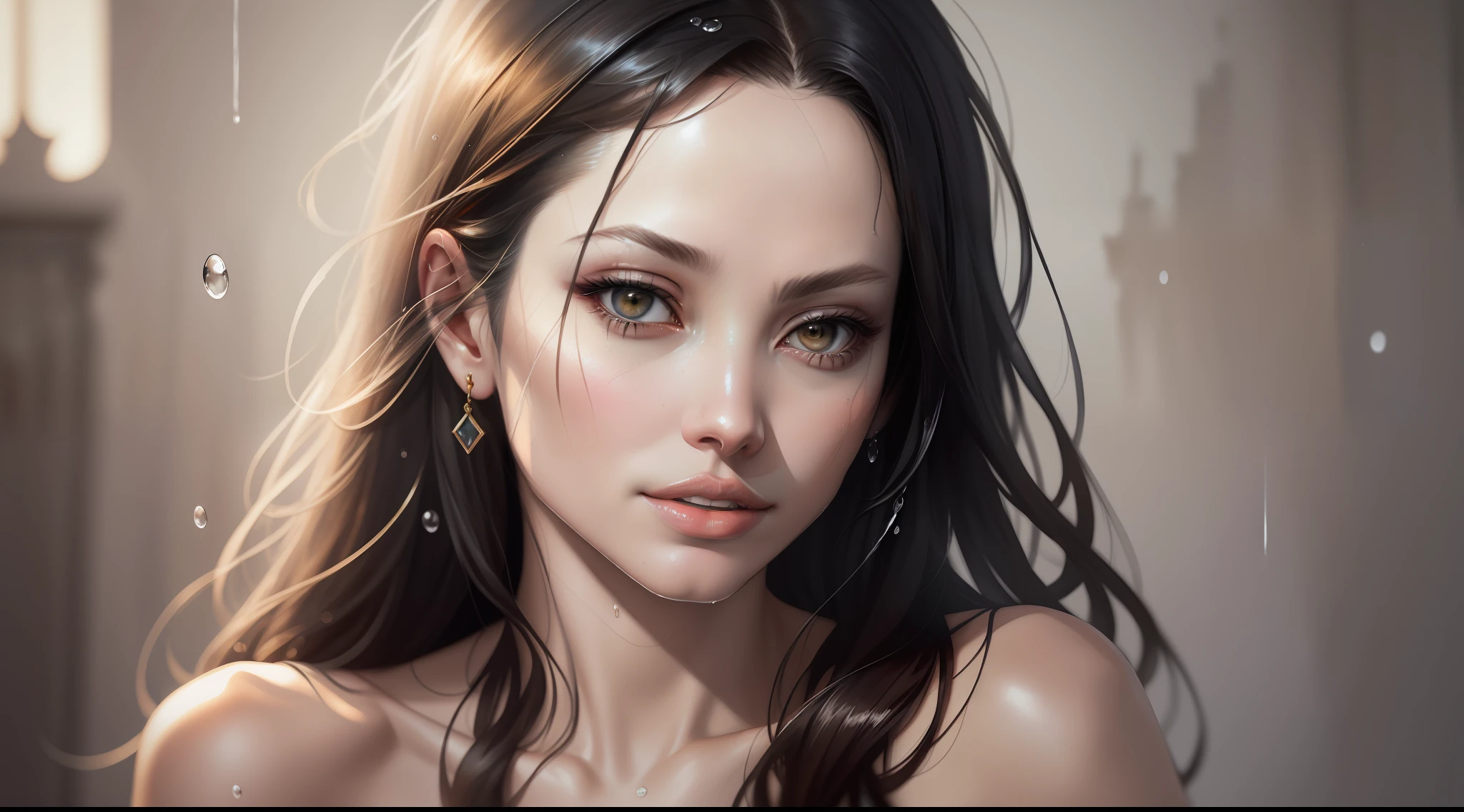 Angelina Jolie, A watercolor of the model's face, raindrops as foreground, a wet look, sexy smile, white dress, long hair, fickle face, perfect anatomy, wet to wet background technique by Misilbu. hyper 8K detailed painting, resolution 8k portrait concept art by Greg Rutkowski Artgerm WLOP Alphonse Beeple Caravaggio, muted colors, watercolor style, bokeh, f1.0 lens