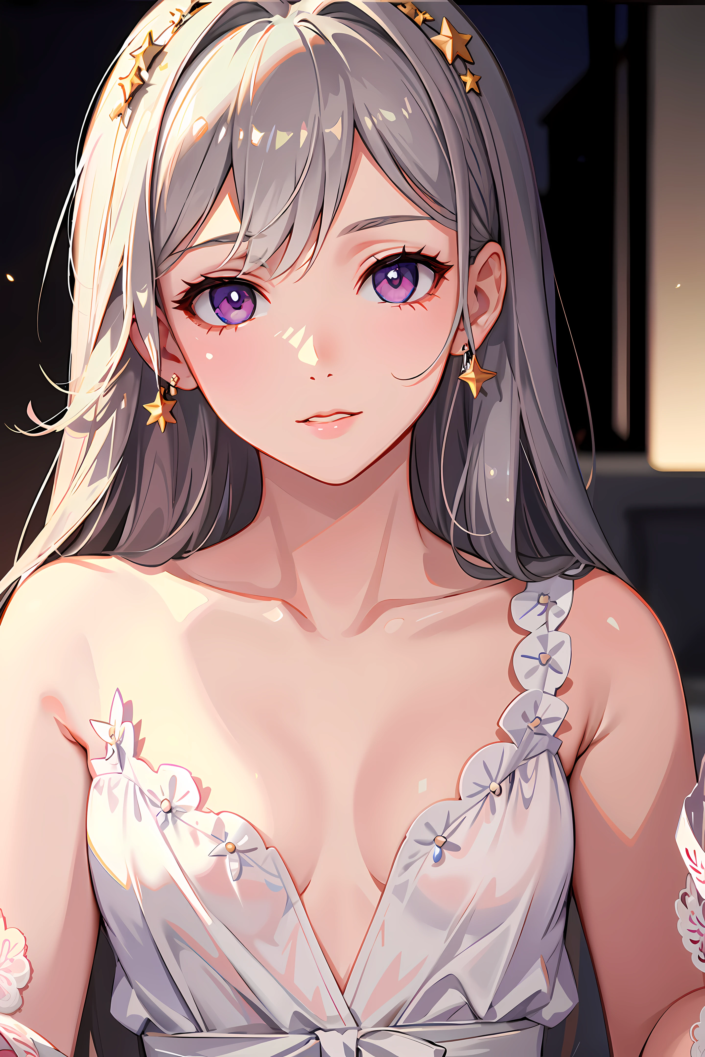 1 Dimensional, Three-shaded Two, Gray Hair, Short Hair, Colored Eyes, Pink Eyes, Beautiful Eyes, Warm Colors, Night, Warm Colors, Fireflies, Shooting Star, Lens Glow, Masterpiece, Best Quality, Colored Eyes, age, Lolidium Breasts