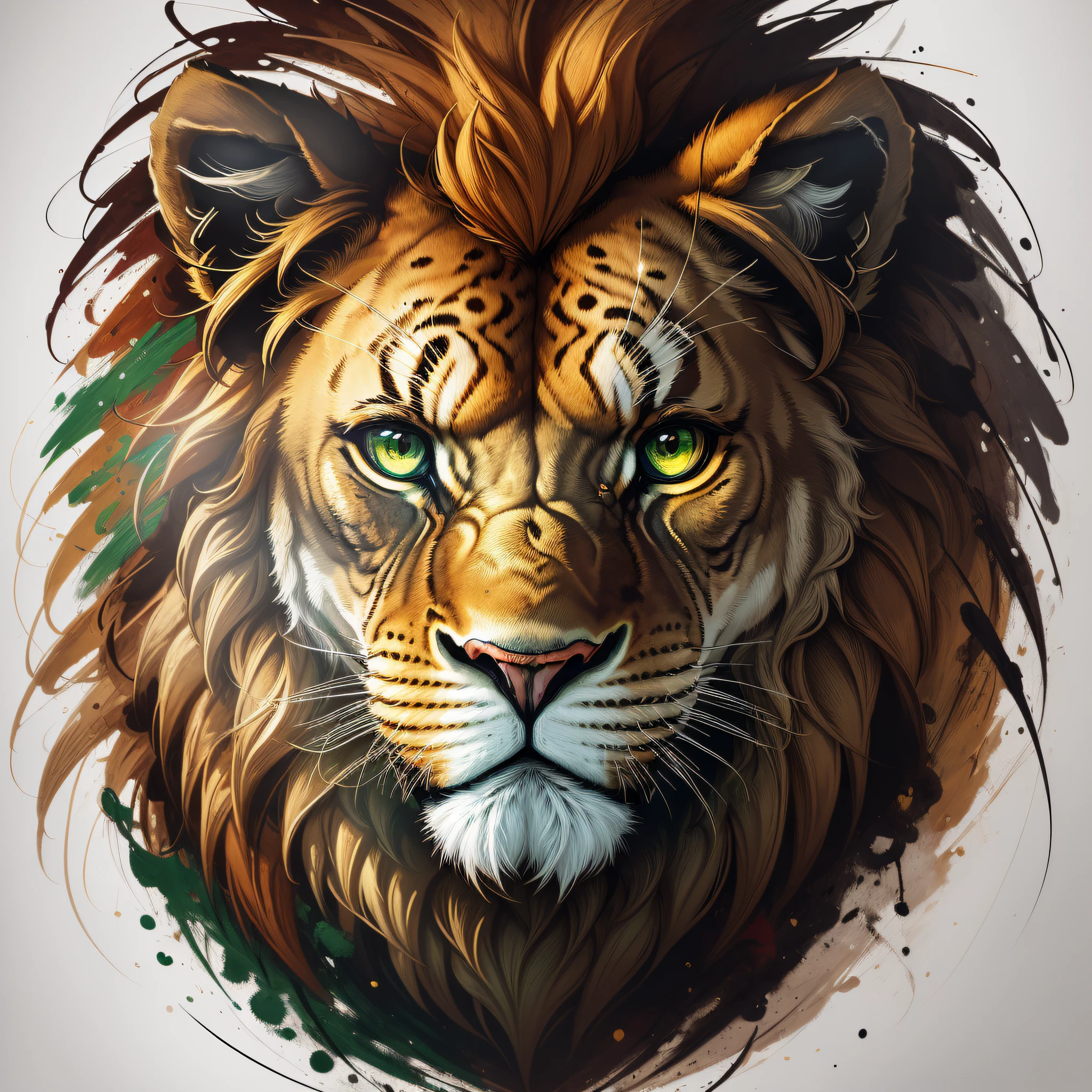 An image of a stunning portrait of a [Lion], painted in a bold and expressive style, illuminated by a dramatic spotlight, extremely detailed, ultra realistic, 10k high resolution, in the style of caricature, cartoon, manga, Pop Art, Surrealism, Abstract Expressionism, Green and White