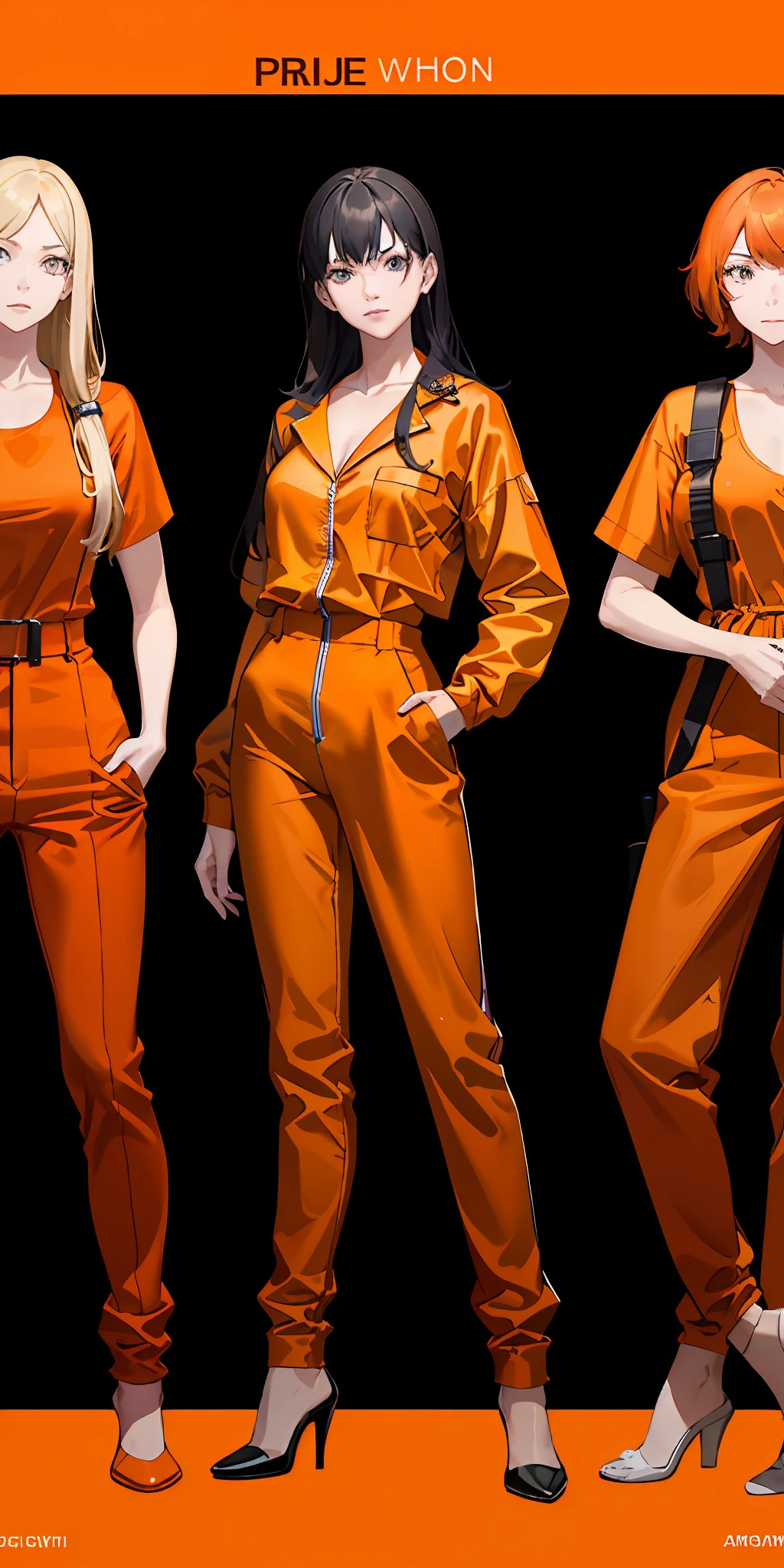 three women in orange jumpsuits standing next to a wall, wearing orange prison jumpsuit, dressed in orange inmate attire, prison jumpsuit, wearing prison jumpsuit, with prison clothing, wearing an orange jumpsuit, orange jumpsuit, sexy movie photo, orange body, (sfw) safe for work, in orange clothes) fight, open v chest clothes, better known as amouranth