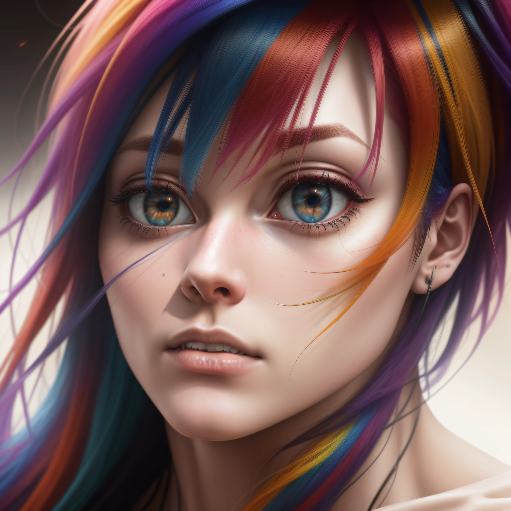 multicolored hair, Hyperrealism, cinematic lighting, close-up, atmospheric perspective, anatomically correct, super detail, high details, high quality, best quality, HD