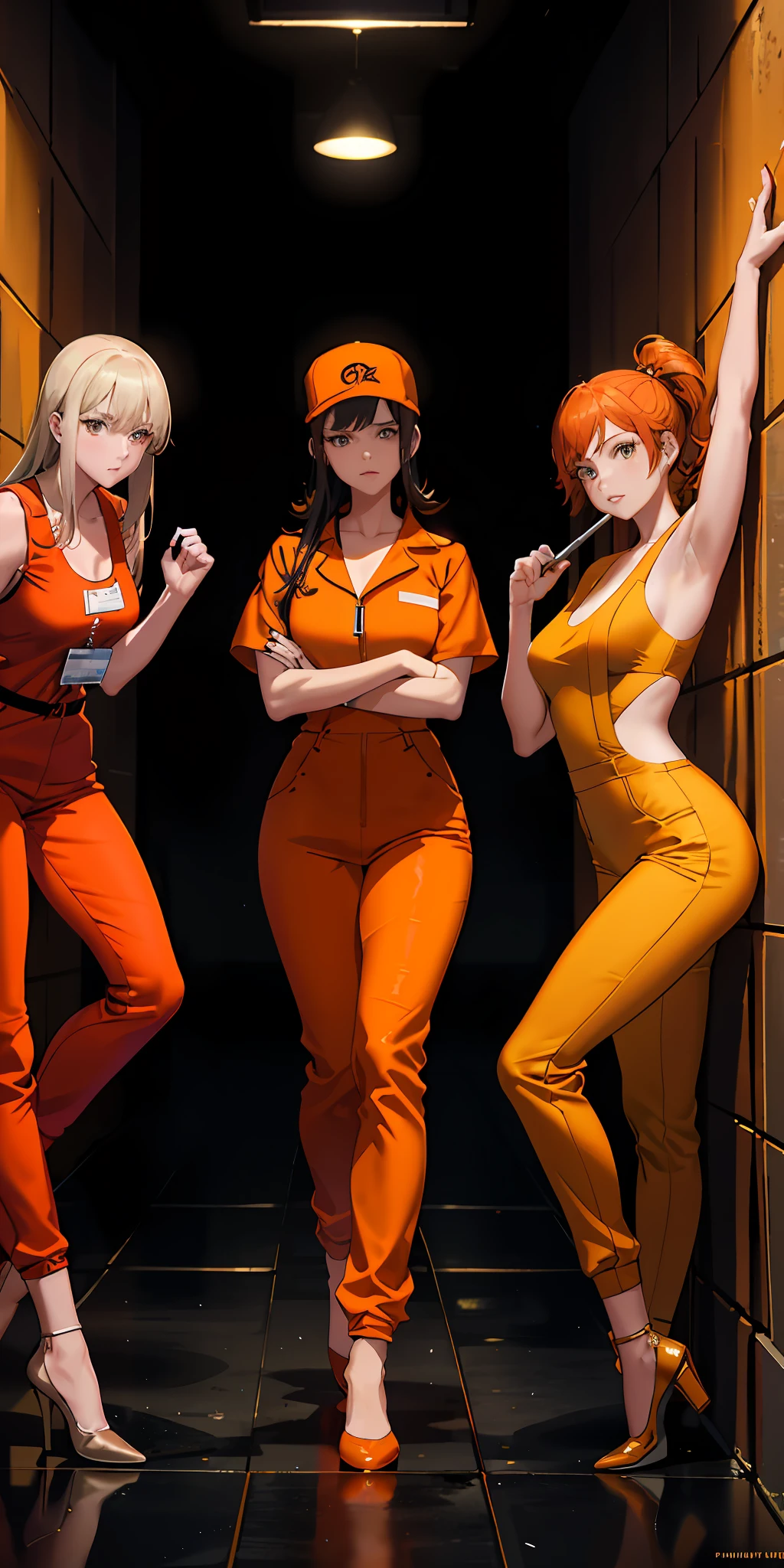 three women in orange jumpsuits standing next to a wall, wearing orange prison jumpsuit, dressed in orange inmate attire, prison jumpsuit, wearing prison jumpsuit, with prison clothing, wearing an orange jumpsuit, orange jumpsuit, sexy movie photo, orange body, (sfw) safe for work, in orange clothes) fight, open v chest clothes, better known as amouranth