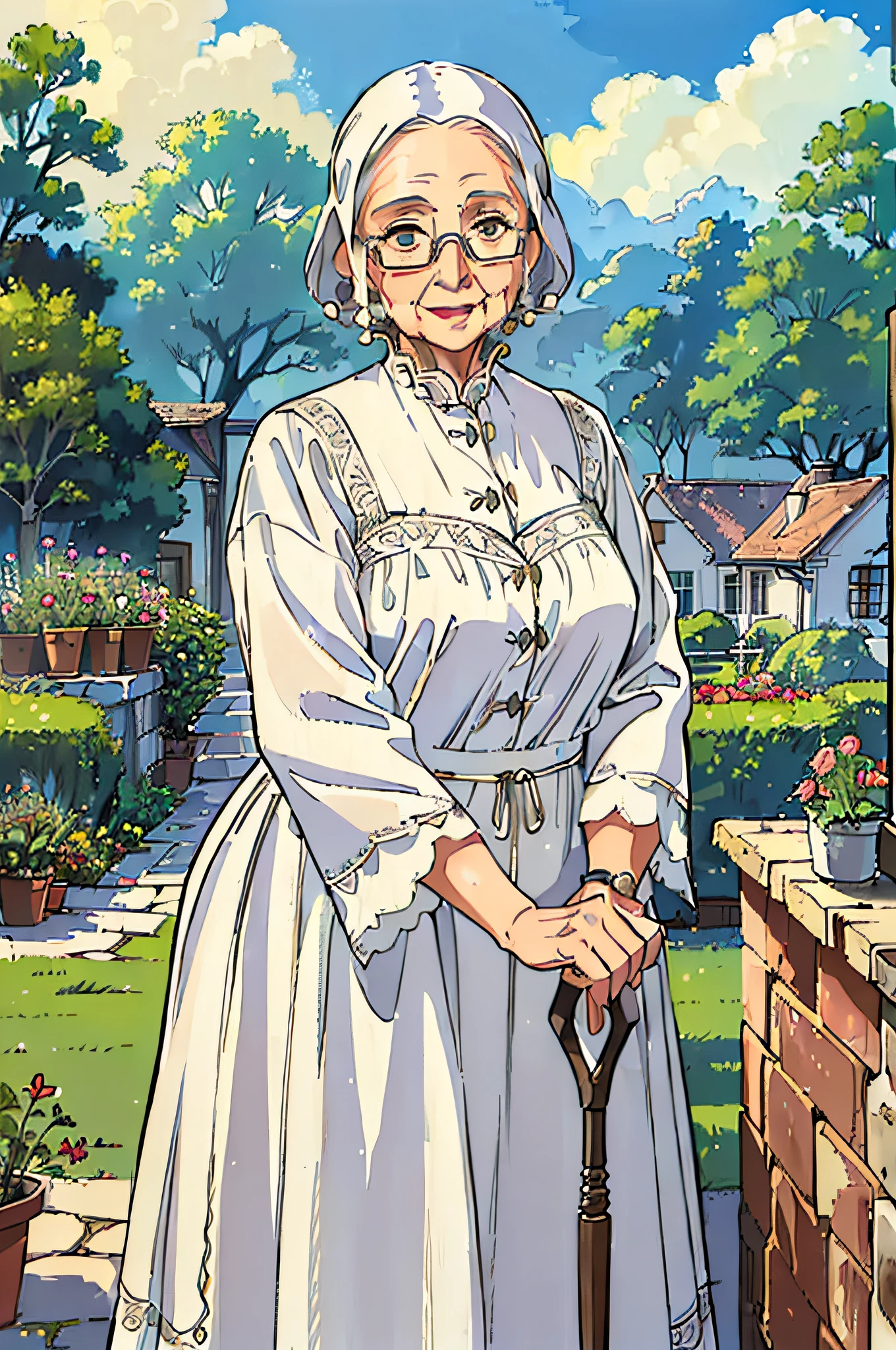 (old woman:1.5), (looking at viewr:1.5), (old woman:1.5), solo, smile, (old woman:1.5), (white dress:1.1), curly hair, glasses, cane, (old woman:1.5), cowboy shot, grandmother, garden