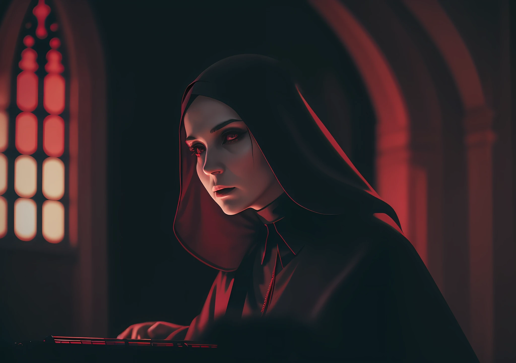 woman dj nun, dark, horror, red tones, gothic church in the background, ultra realistic, horror movie lighting, scary, chaos, Fujifilm Fujichrome Provia 100F movie, flashlight, ultra realistic, 8K UHD. --auto --s2