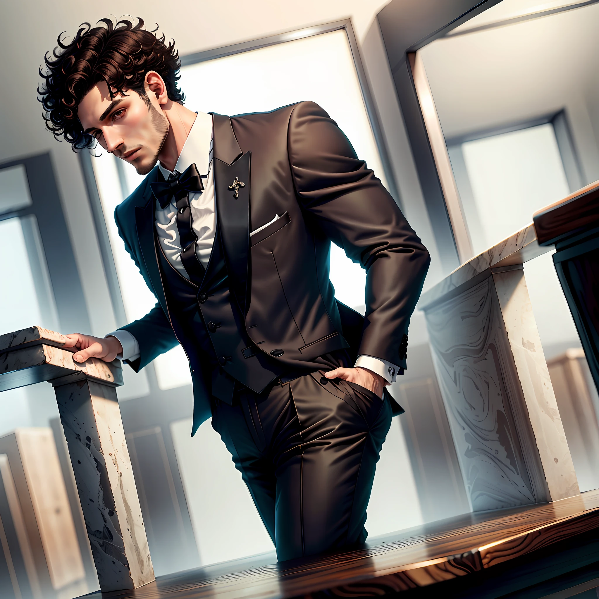 Beautiful man with short curly hair, tuxedo, defined body, elegant