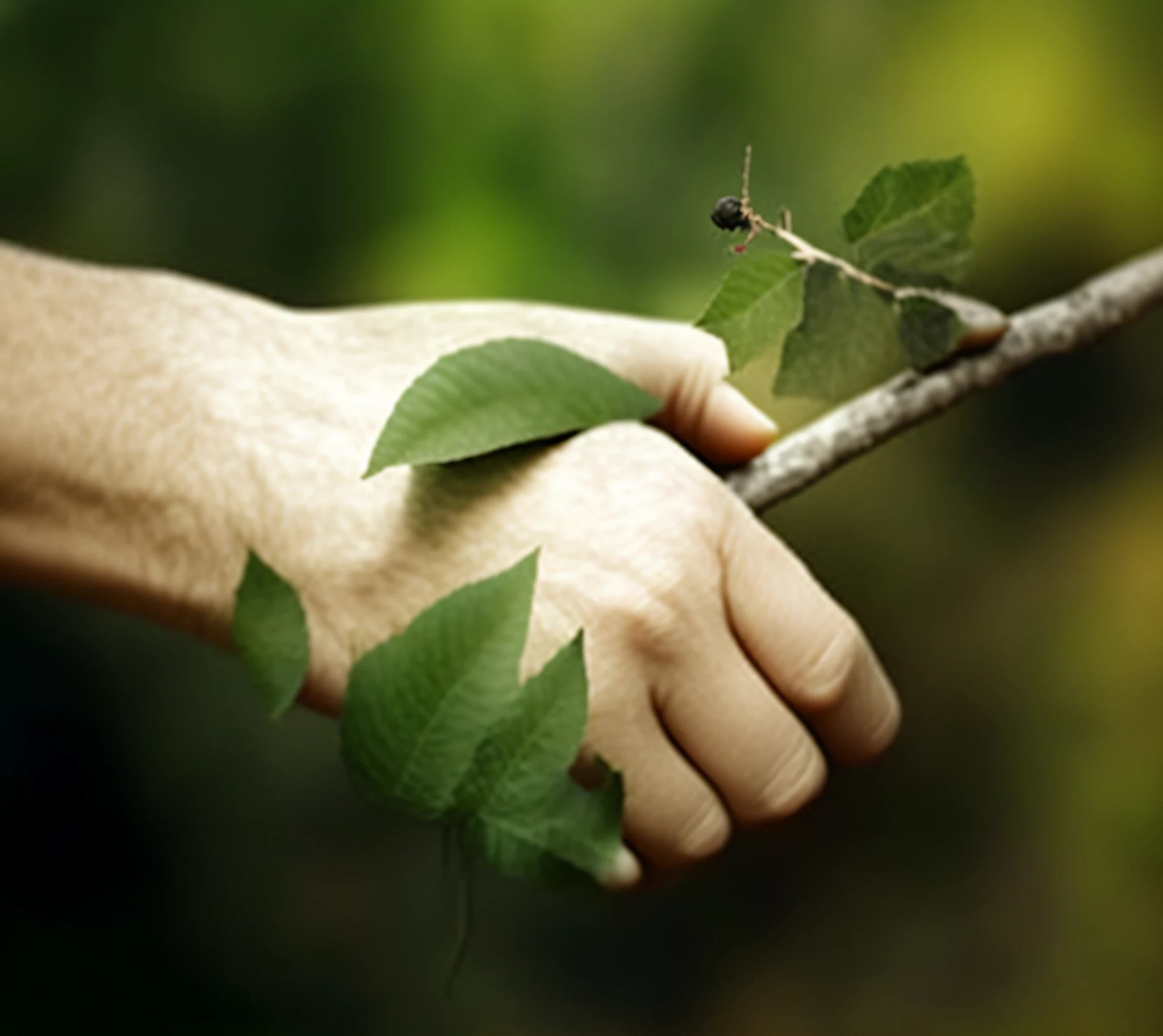 someone holding a branch with a leaf and a hand holding a branch with a leaf on it, unity of nature, touching tree in a forest, sustainability, environmentally friendly, sustainable, beautiful image, in harmony with nature, permaculture, in the midst of nature, gently caressing the earth, clean environment, ecology, natural hands and arms, connected to nature through vines, in 4k
