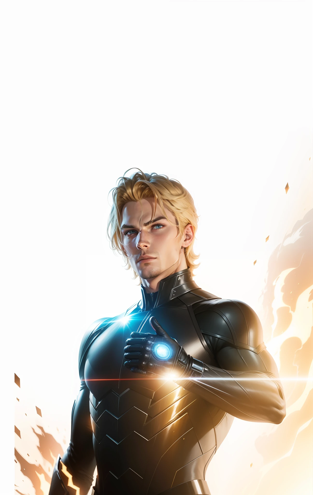 There is a man, 25 years old, in a shiny black suit standing in front of a bright light, human torch, avatar image, flash gordon, long hair, five fingers, inspired by Alex Ross, promotional art, alex ross style, adam jensen portrait, solid background, fan art, xqc, alex ross style, promotional art, adam warlock, marvel tor,  key art, promotional render --auto --s2