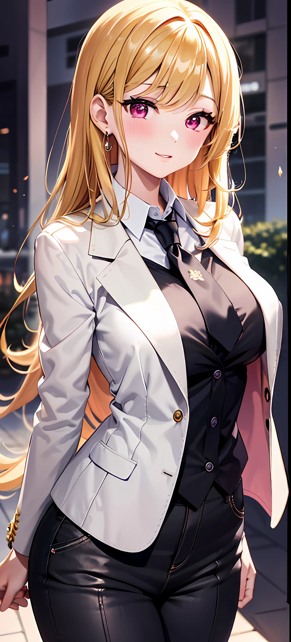 Marin Kitagawa is a slender and taller than average girl with fair skin
1
2
. She has dark brown eyes, but almost always wears dark pink contact lenses, outside of her cosplay appearances
3
. Her physique is rather thin, with a small waist
3
2
. Marin's hair is silky blonde, pink red or citrus orange at the tips and reaches about the hips
1
2
. Her forehead and eyebrows are mostly covered by her bangs, which extend to the beginning of her eyelashes
2
. Two strands of her hair flow down her shoulders and end near her chest region
1
.
Her school uniform consists of a white blazer with black lapels, a white vest with black buttons, a black shirt with a royal design, white pants, black shoes, a rainbow rose in her breast pocket and a white tie
4
5
.
As a cosplayer, Marin wears a variety of costumes and outfits designed and sewn by Gojo
3
. Some of her cosplay costumes include wigs to complement or alter her signature blonde hair
6
.
Overall, Marin Kitagawa is an eye-catching figure with her light hair, dark pink contact lenses, and slender figure. Their outfits vary depending on the situation and cosplay role, but their distinctive appearance remains unmistakable