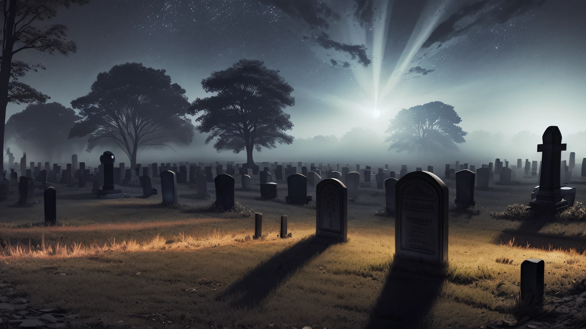 (dark magic:1.2), scary graveyard, fullmoon, moon light, beams of light, dense fog,  night, (intricate details), (hyperdetailed), 8k hdr,