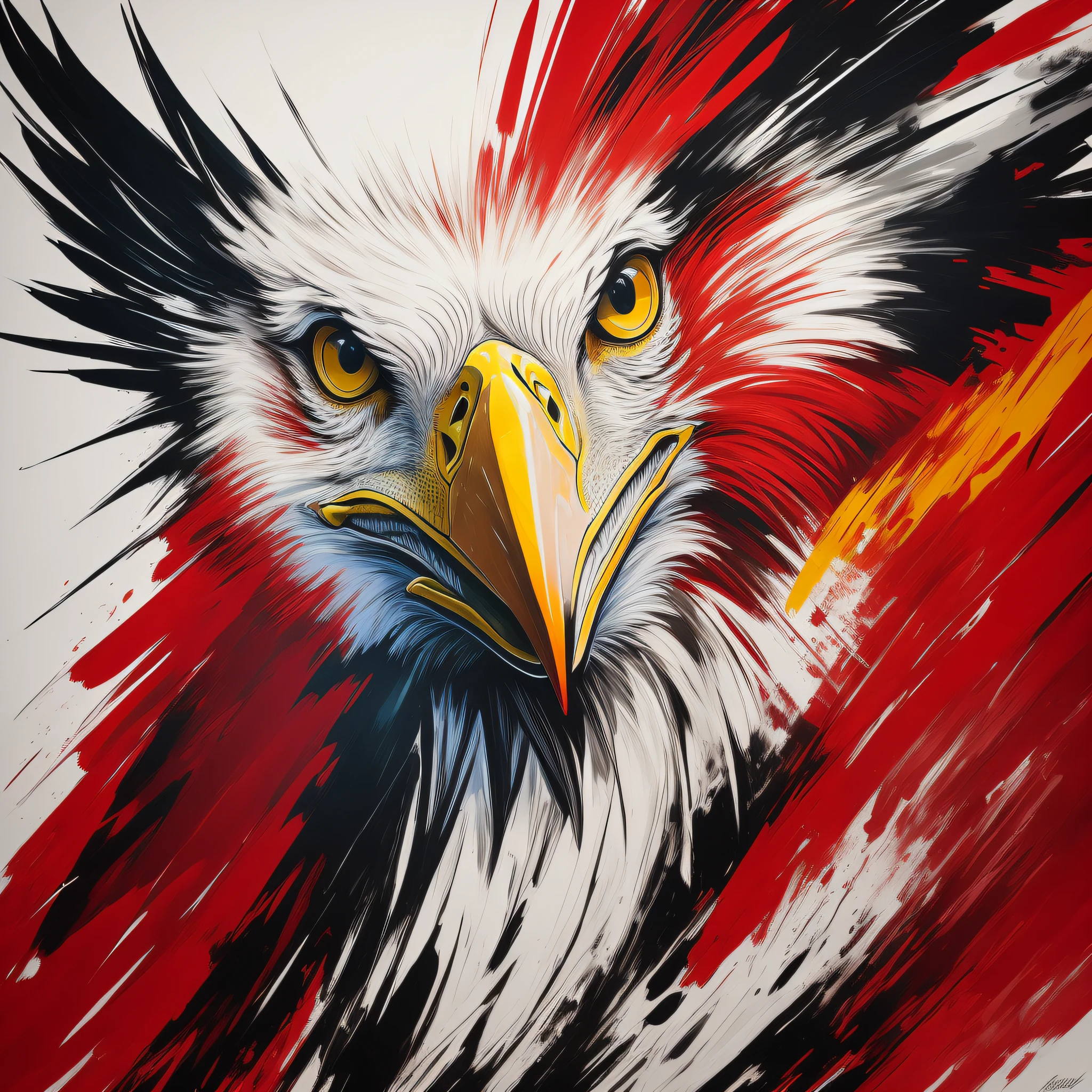 An image of a striking portrait of a [Eagle] , painted in a bold and expressive style, lit by a dramatic spotlight, extremely detailed, ultra realistic, 10k high resolution, in the style of caricature, cartoon, manga, Pop Art, Surrealism, Abstract Expressionism, Red and White