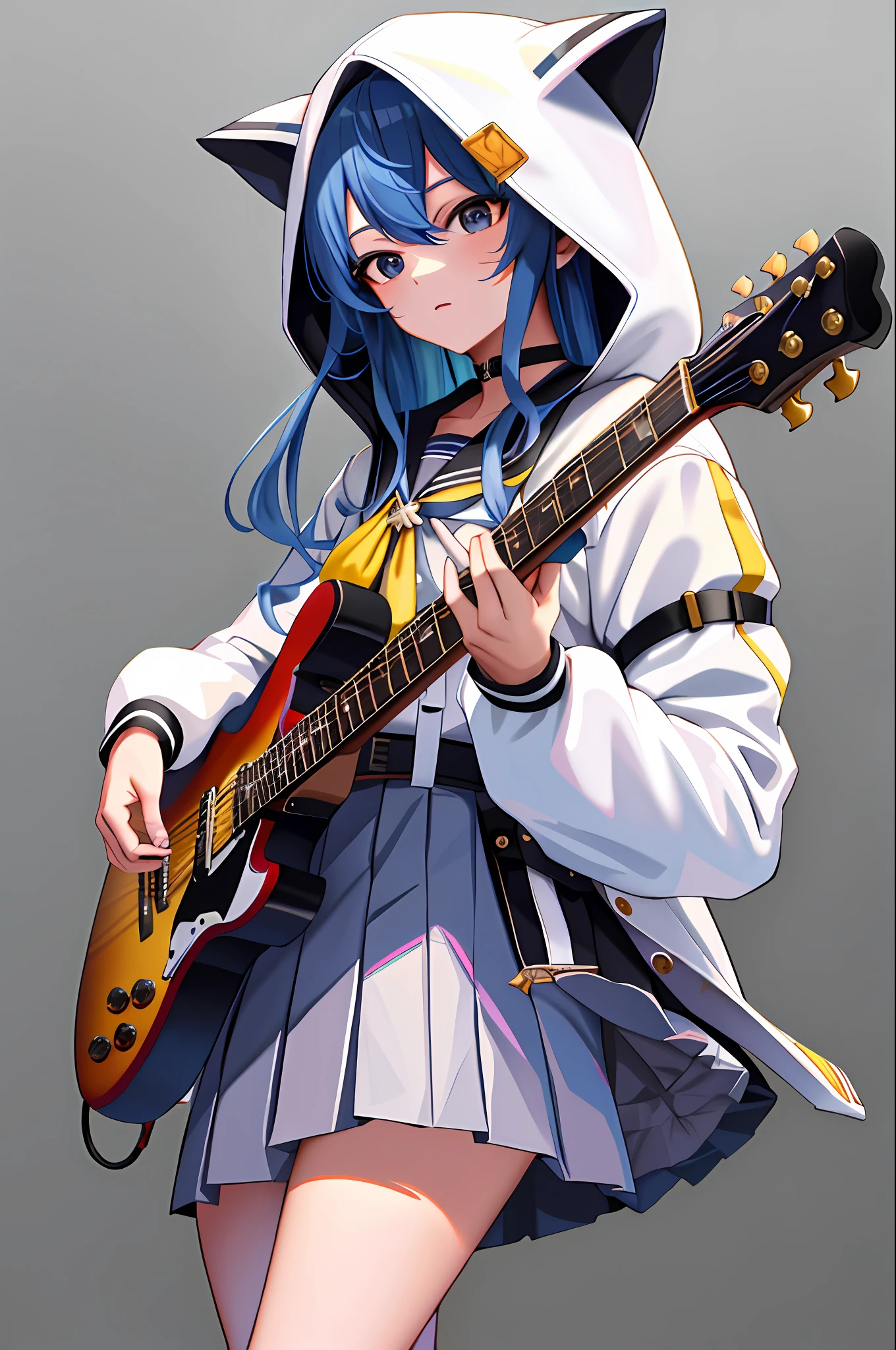 masterpiece, best quality, highres, sui3, hood up, hoshimachi suisei, solo, white jacket, animal hood, white socks, open jacket, pleated skirt, black skirt, black sailor collar, black choker, school uniform, black shirt, swollen long sleeves, standing, cowboy shot, holding instrument, guitar,