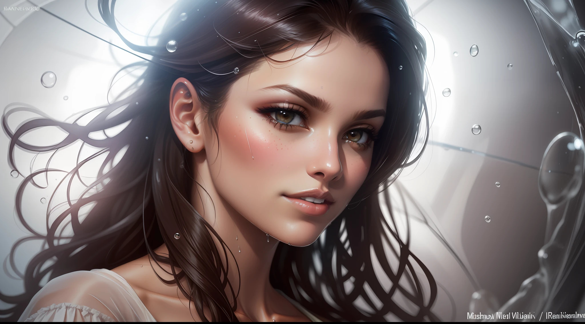 Eva Mendes, raindrops as foreground, a wet look, sexy smile, white dress, long hair, fickle face, perfect anatomy, wet to wet background technique by Misilbu. hyper 8K detailed painting, resolution 8k portrait concept art by Greg Rutkowski Artgerm WLOP Alphonse Beeple Caravaggio, muted colors, watercolor style, bokeh, f1.0 lens