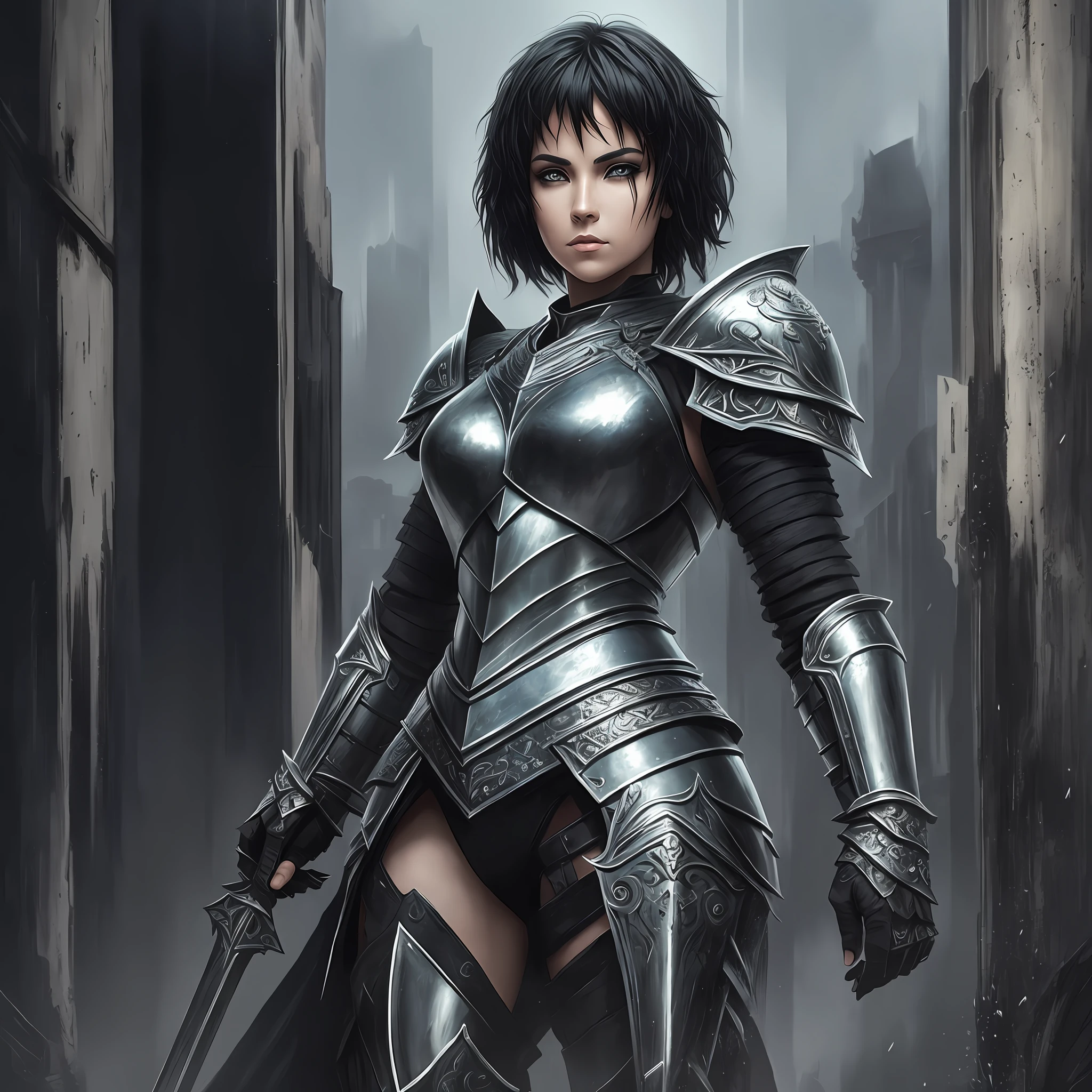 dark fantasy warrior in armor, in the style of androgynous conceptual art, black graffiti, monumental sets, crossed armor, christian warrior, joan of arc, woman with short black hair, intricate details, painting \(work of art\), ((masterpiece, best quality)), ((cinematic light)), dark fantasy, detailed armor, beautiful black eyes, hybrid, open, rainy day, full body, a little muscular