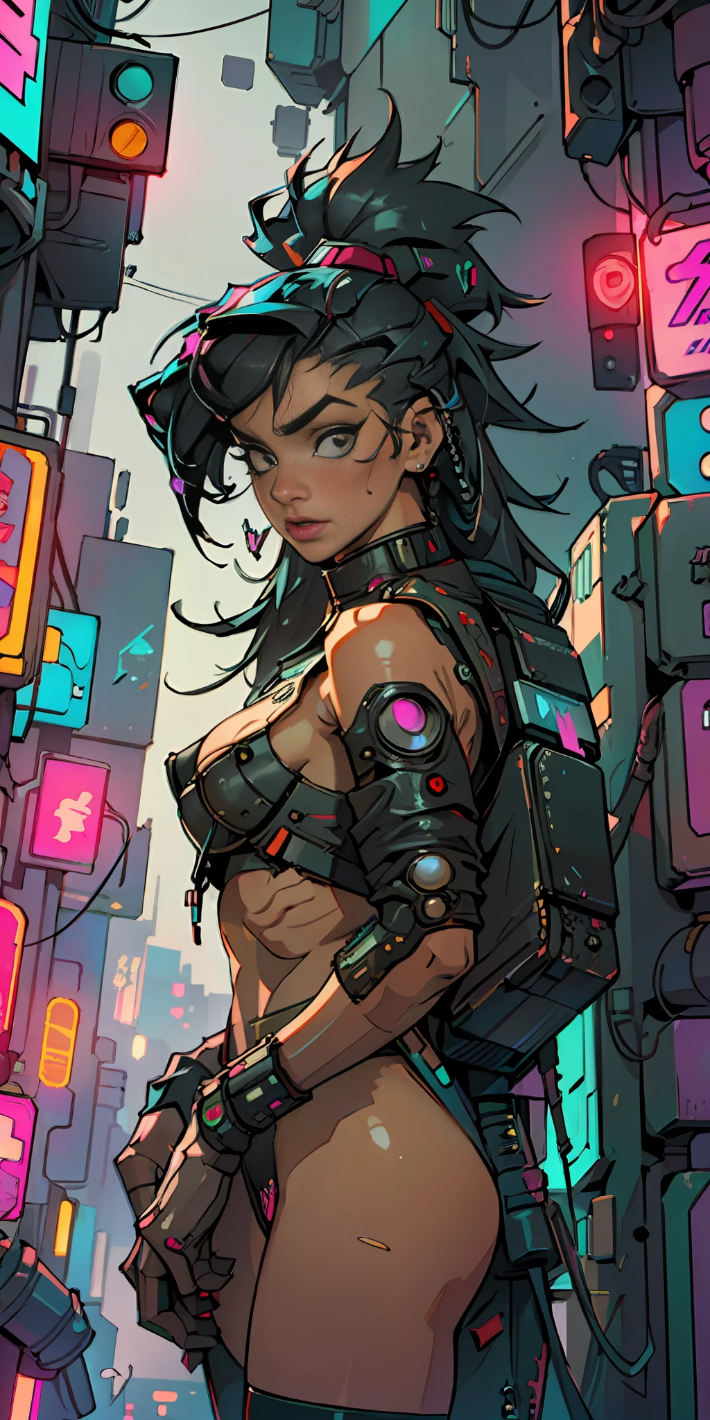 ((Best quality)), ((masterpiece)), (highly detailed:1.3), 3D, beautiful (cyberpunk:1.3) hacker woman with thick voluminous hair operating a computer terminal, nsfw