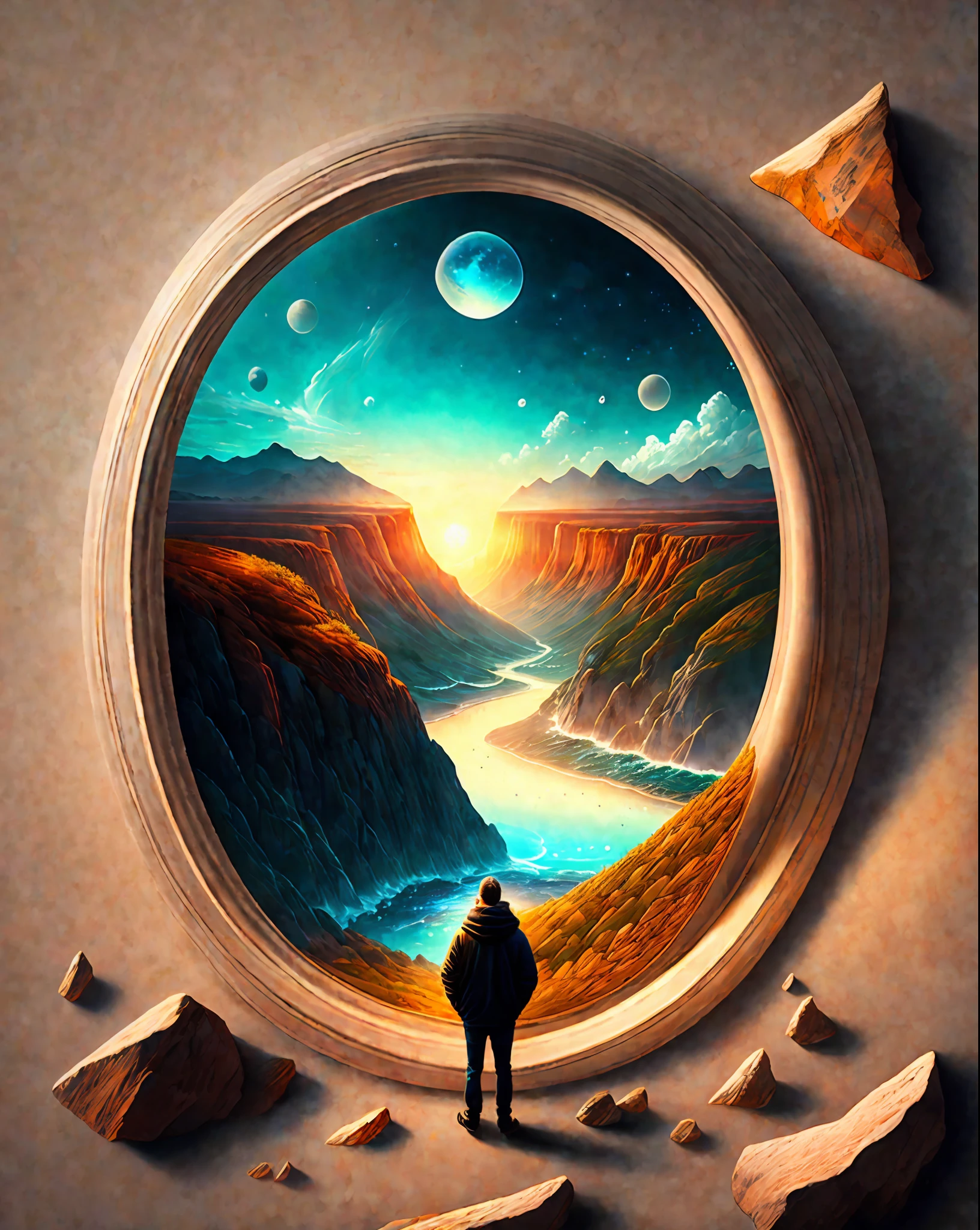 Craft a mesmerizing scene that deeply connects with the viewer, evoking a range of emotions and leaving an indelible impact without relying on words. Use a vibrant and contrasting color palette to intensify the visual impact. Depict a solitary figure standing at the edge of a breathtaking cliff, overlooking a vast and awe-inspiring landscape. Let the figure's posture and facial expression convey a mixture of awe, contemplation, and a hint of melancholy. Surround the scene with elements of nature, such as swirling clouds, distant mountains, or a cascading waterfall, to enhance the immersive experience. Infuse the atmosphere with a touch of magic or mystery, perhaps through subtle glowing orbs or ethereal light. Allow the composition and details of the scene to captivate the viewer and invite them on an emotional journey that lingers in their thoughts long after they've seen the artwork., intricate, masterpiece, expert, insanely detailed, 4k, composition, centered, intricate, volumetric lighting, beautiful, sharp focus, ultra detailed