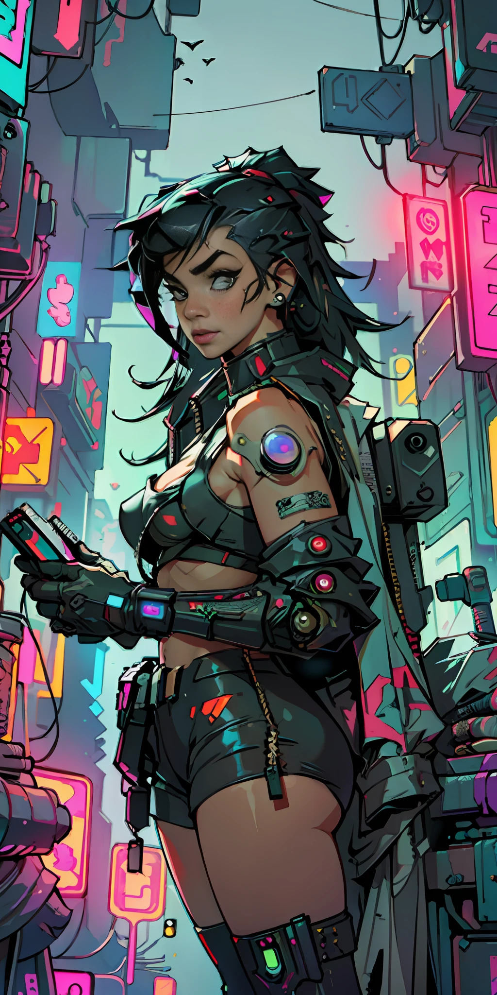 ((Best quality)), ((masterpiece)), (highly detailed:1.3), 3D, beautiful (cyberpunk:1.3) hacker woman with thick voluminous hair operating a computer terminal, nsfw