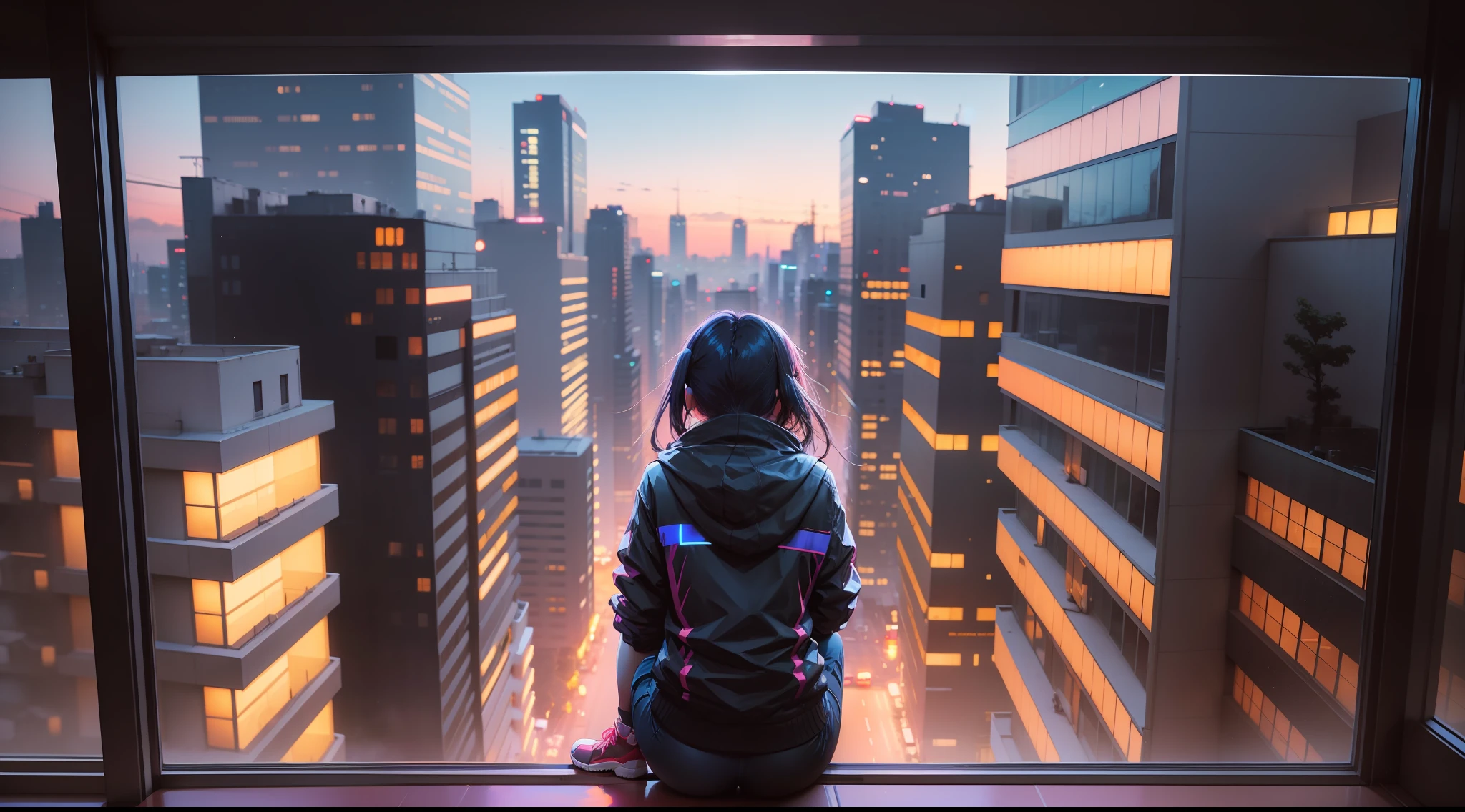 anime girl sitting on window sill looking out at city at night, ilya kuvshinov landscape, digital art ilya kuvshinov, inspired by Alena Aenami, by Alena Aenami, art of alena aenami, cyberpunk vibes, neon city in the background, artistic. alena aenami, ilya kuvshinov. 4 k