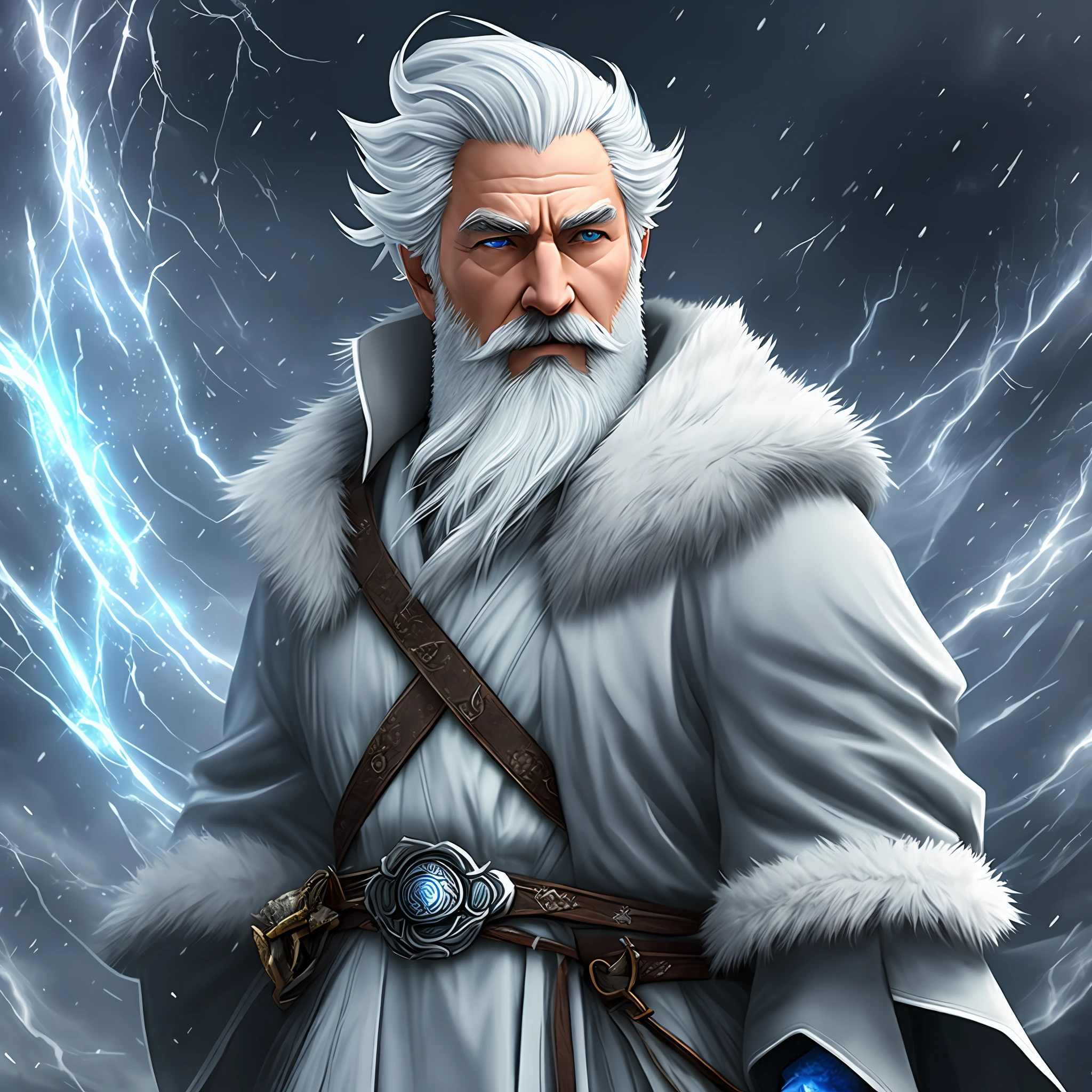 Man, gray-haired, beard, blue robe, fur, white patterns, wizard, frost, storm, blizzard, blizzard. --auto --s2