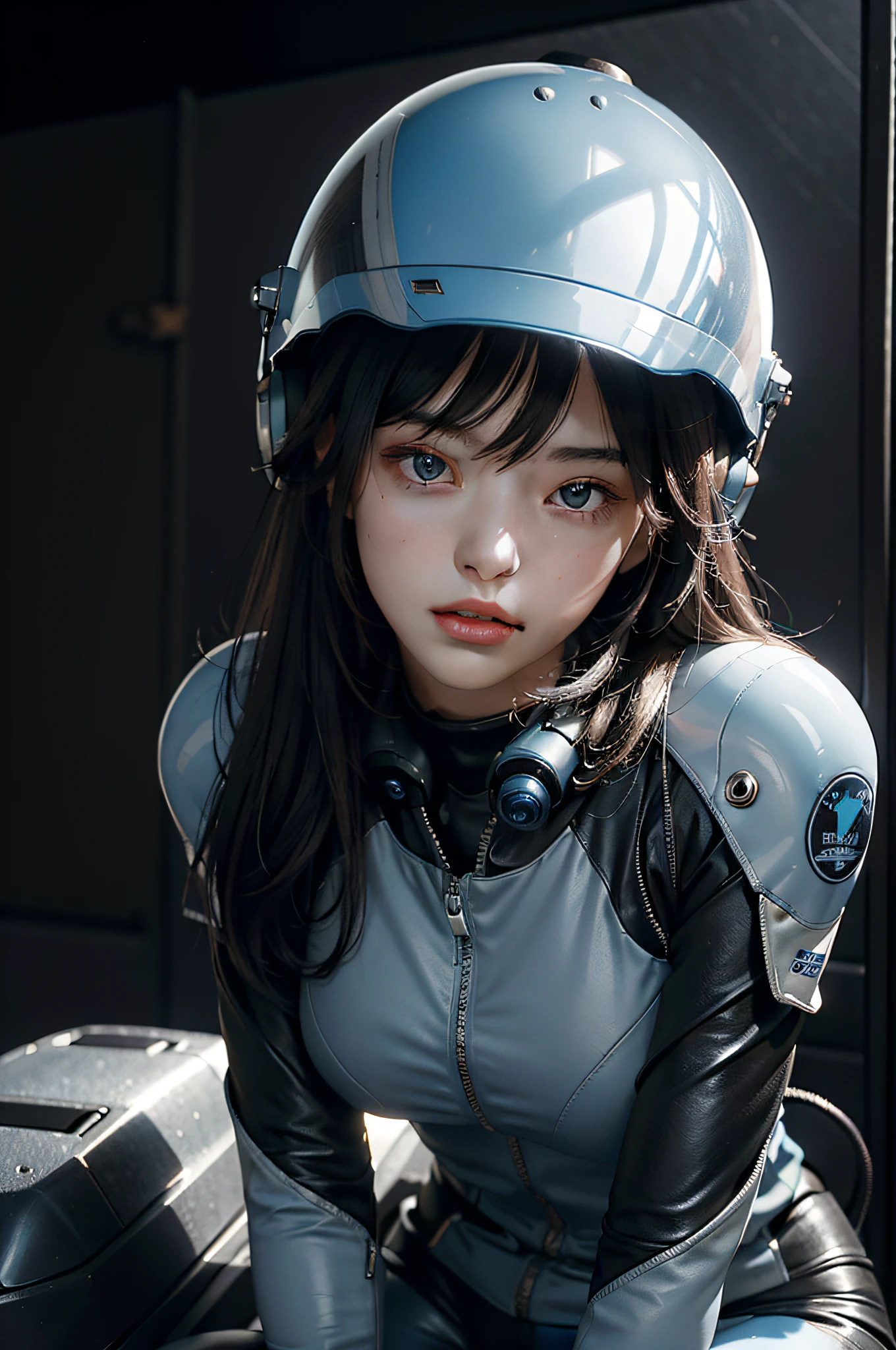 Best image quality, outstanding detail, ultra-high resolution, (realism: 1.4), best illustration, prefer details, highly condensed 1girl, delicate and beautiful face, dressed in black and blue mech, wearing a mech helmet, wearing a black and white pilot suit, straddling the vehicle and leaning forward, the background is a high-tech lighting scene of a futuristic city.