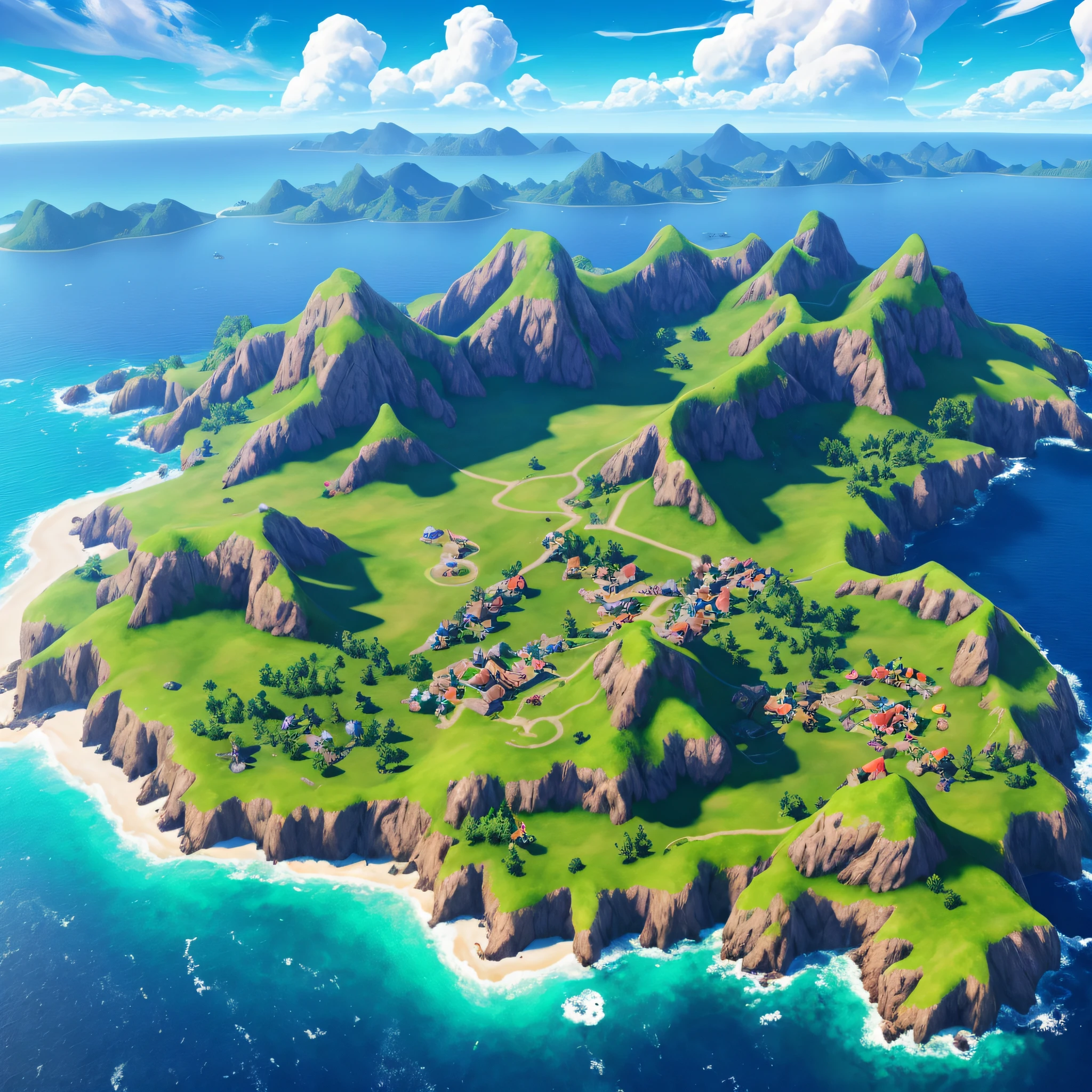 An island with lots of green grass and lots of water, island background, Fornite game-style realism, 3D isometric fantasy island, fortnite screenshot, high quality 8k detailed art, fortnite art style, 4k detailed digital art, pc wallpaper, epic background, scattered islands, island landscape, 8k isometric,  High quality desktop wallpaper –ar 2:3 –q 2 –niji