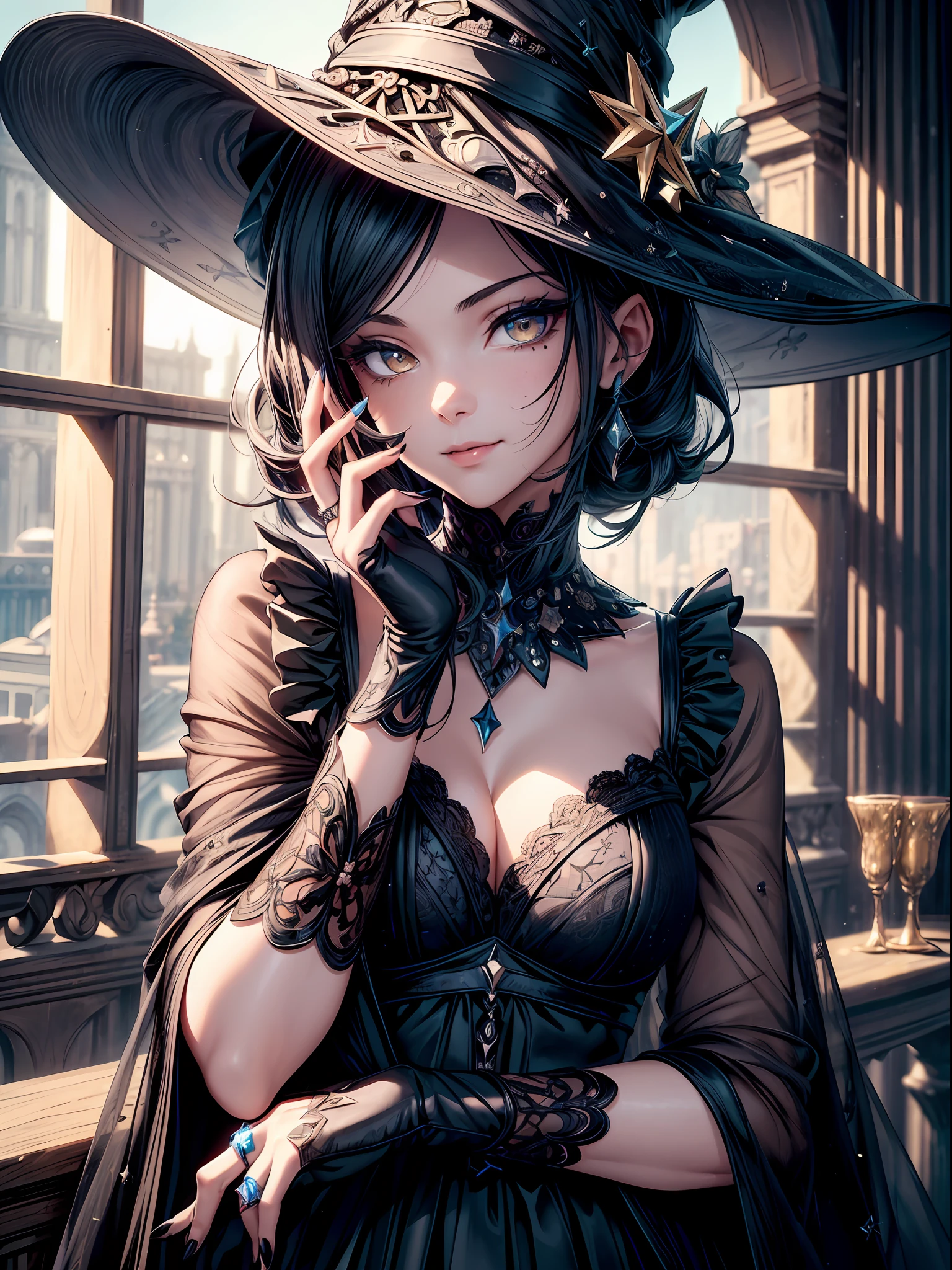 ((Best quality)), ((masterpiece)), ((highly intricate details)),beautiful, high quality, highres, absurdres, light difussion, intricate details, complex details, ((anime)), (anime:1.2) , (perfect face:1.3), extreme detailed eyes, colorful, highest detailed, vibrant colors, high contrast, (8K UHD:1.2), (photorealistic:1.2),(masterpiece:1.4), (best quality:1.4),extremely detailed wallpaper, highly detailed illustrations, (1 Girl), (best lighting) , (super-complex details) , 4K unified, (super-detailed CG: 1.2) , (8K: 1.2),(original), (masterpiece) , (best quality) , (reality: 1.3) , photorealistic, Octane rendering, (surreal: 1.2) , 1girl, solo, hat, black nails, jewelry, looking at viewer, short hair, black hair, blue headwear, yellow eyes, black lips, mole, portrait, gem, ring, dress, holding, mole under eye, makeup, black headwear, lace, star \(symbol\), nail polish, witch hat, gloves, lipstick, smile),