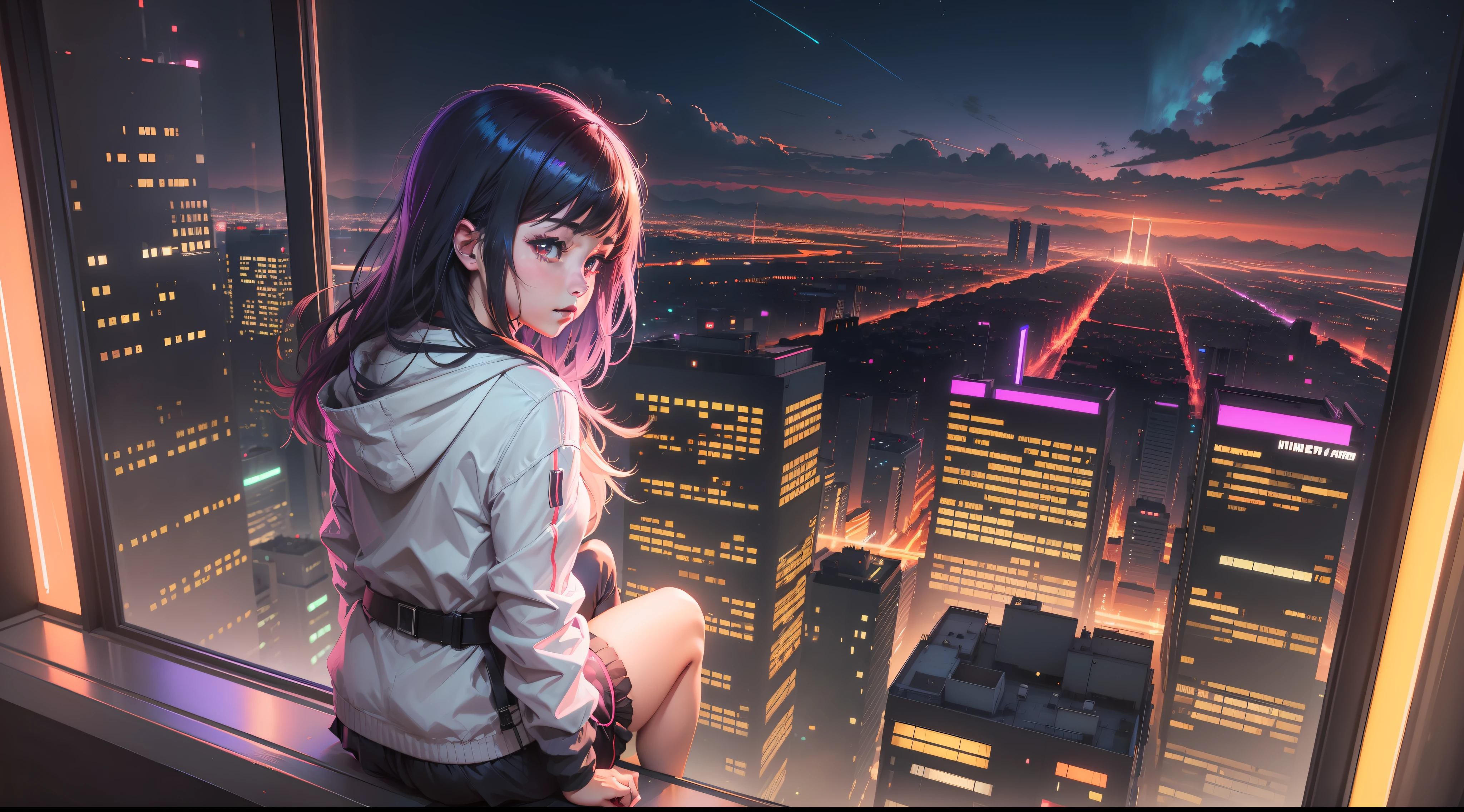 anime girl sitting on window sill looking out at city at night, ilya kuvshinov landscape, digital art ilya kuvshinov, inspired by Alena Aenami, by Alena Aenami, art of alena aenami, cyberpunk vibes, neon city in the background, artistic. alena aenami, ilya kuvshinov. 4 k