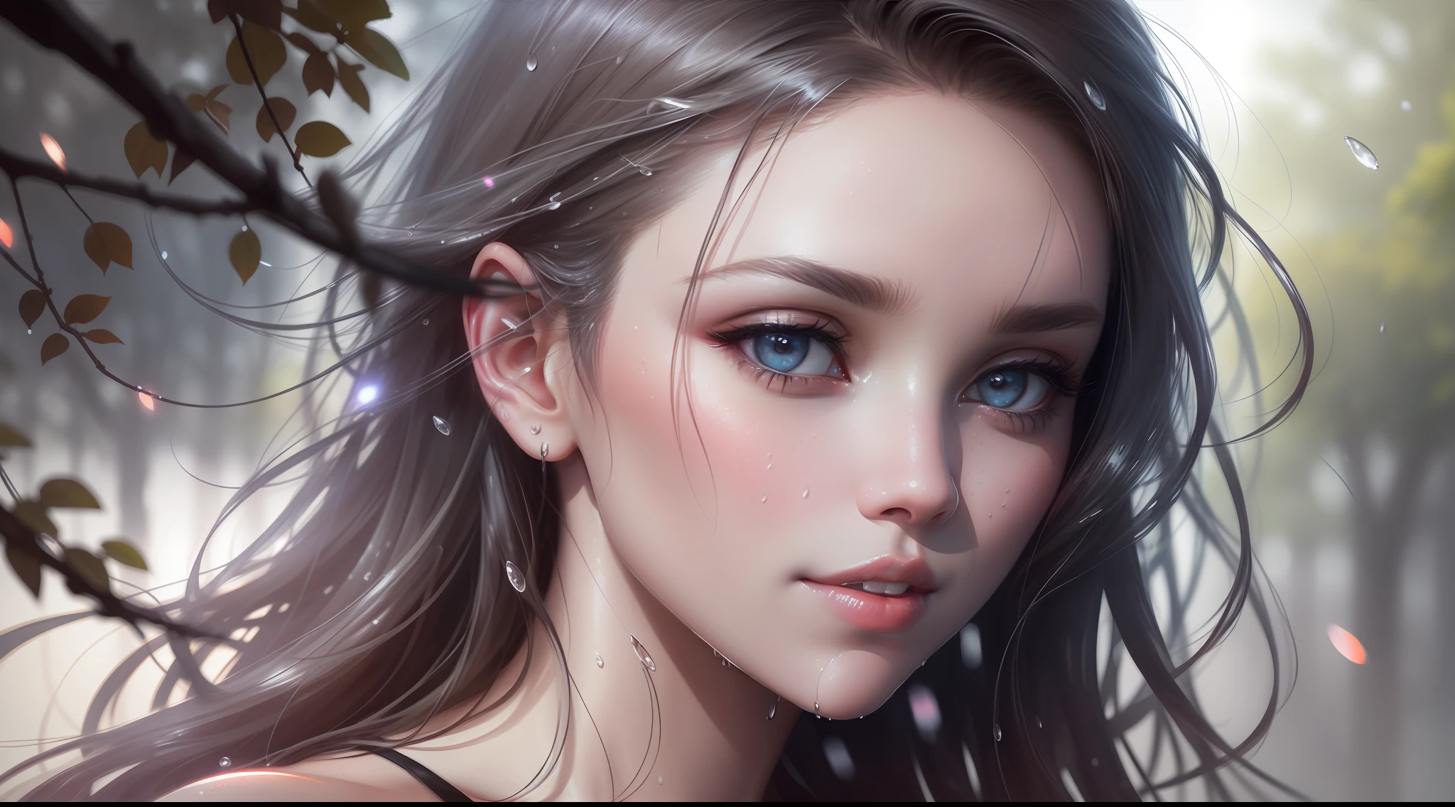scarlett johansson, raindrops as foreground, a wet look, sexy smile, white dress, long hair, fickle face, perfect anatomy, wet to wet background technique by Misilbu. hyper 8K detailed painting, resolution 8k portrait concept art by Greg Rutkowski Artgerm WLOP Alphonse Beeple Caravaggio, muted colors, watercolor style, bokeh, f1.0 lens