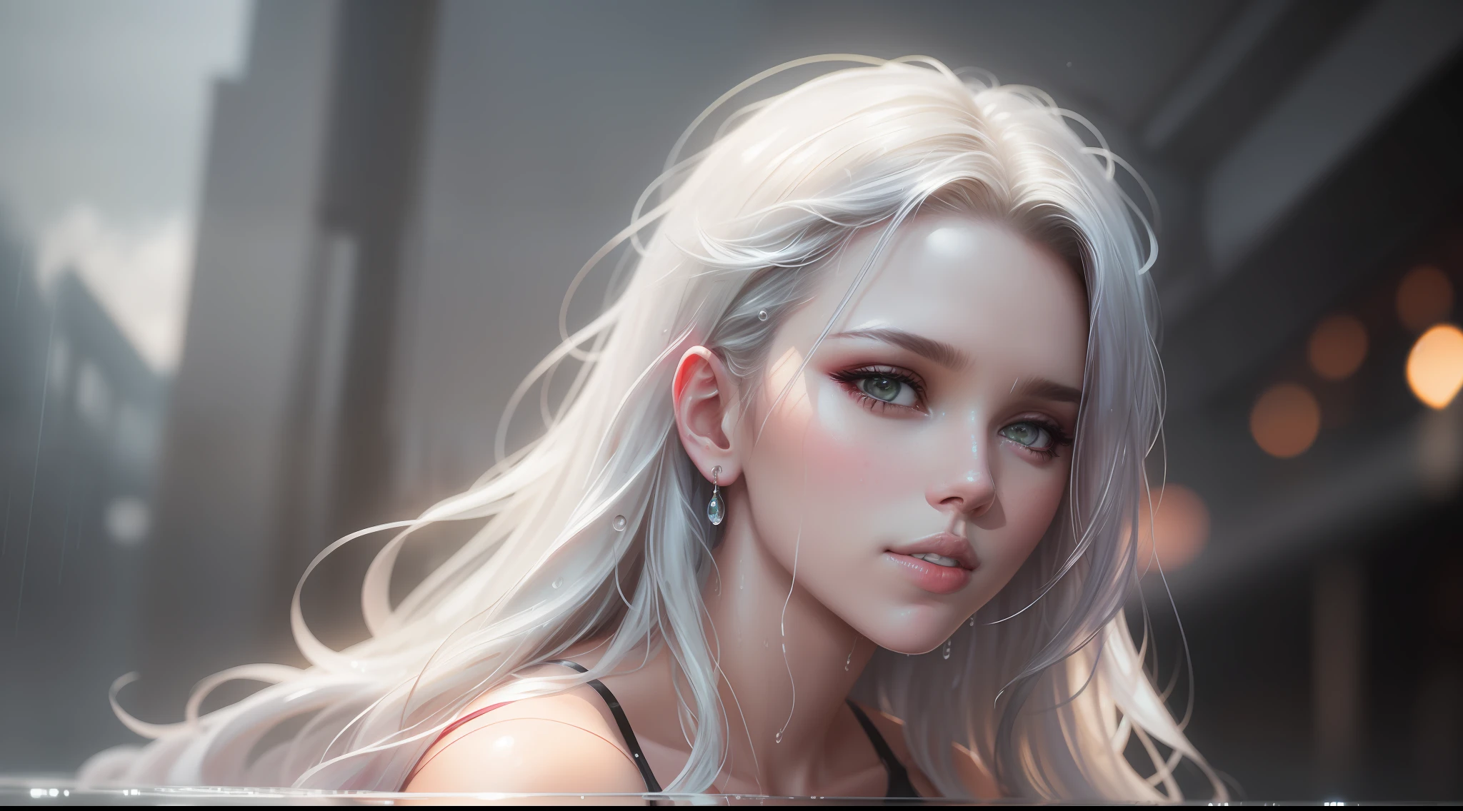 scarlett johansson, raindrops as foreground, a wet look, sexy smile, white dress, long hair, fickle face, perfect anatomy, wet to wet background technique by Misilbu. hyper 8K detailed painting, resolution 8k portrait concept art by Greg Rutkowski Artgerm WLOP Alphonse Beeple Caravaggio, muted colors, watercolor style, bokeh, f1.0 lens