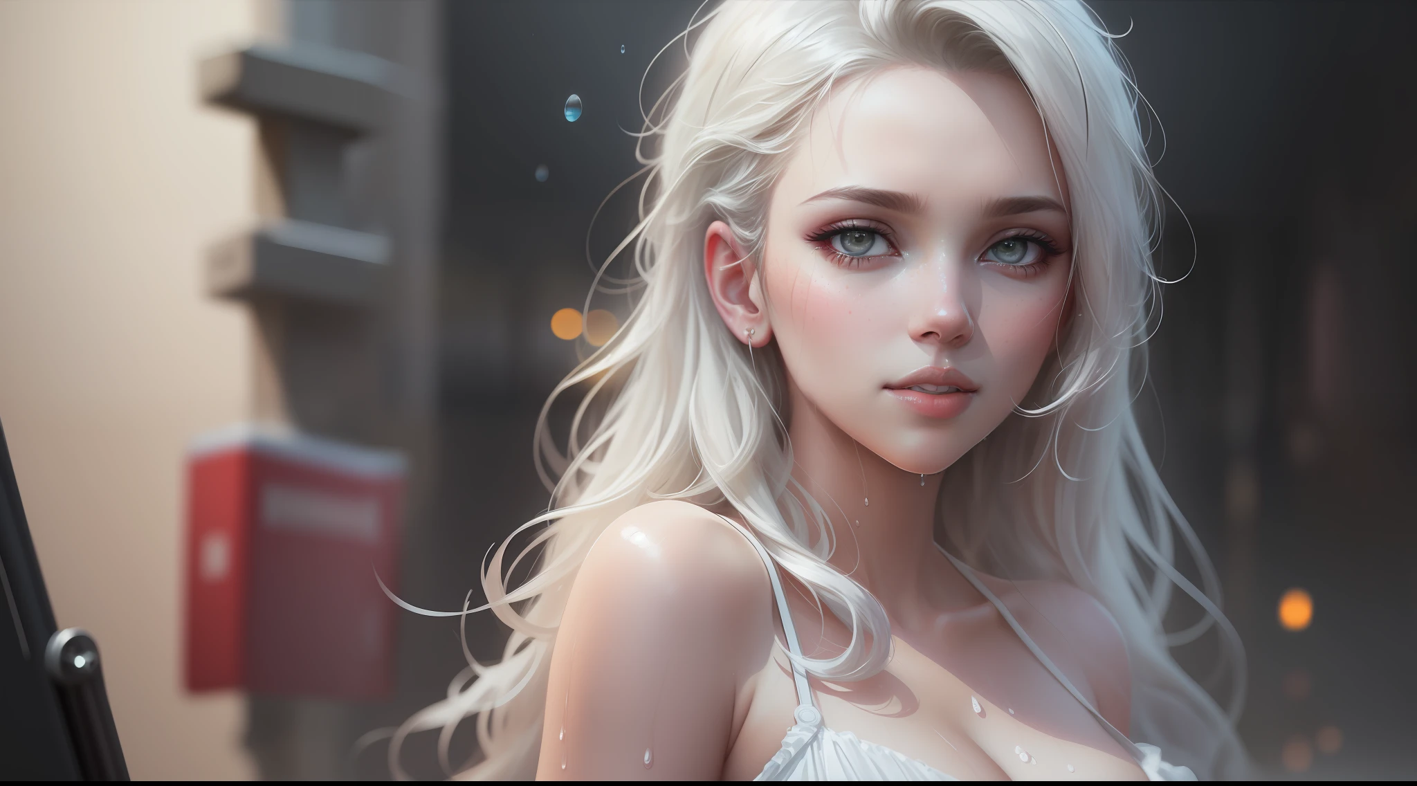 scarlett johansson, raindrops as foreground, a wet look, sexy smile, white dress, long hair, fickle face, perfect anatomy, wet to wet background technique by Misilbu. hyper 8K detailed painting, resolution 8k portrait concept art by Greg Rutkowski Artgerm WLOP Alphonse Beeple Caravaggio, muted colors, watercolor style, bokeh, f1.0 lens