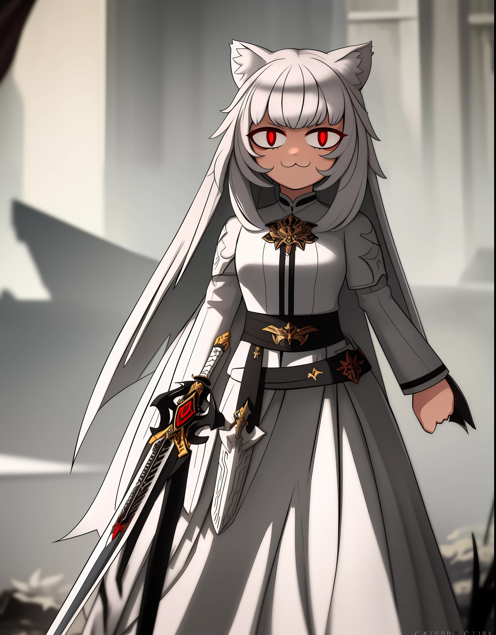 masterpiece, :3, best quality, full body, 1girl, chibi, slit pupils, white hair and a white mask, catgirl, red pupils, leaf hair, black coat, connected tail matching hair color, kind looking face, powerful, with a large sword in it's scabbard which is located at the hip