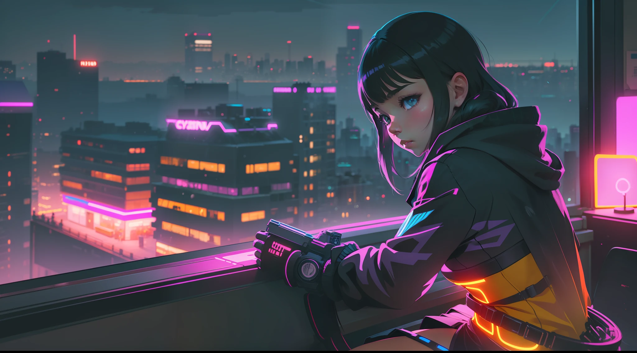 anime girl sitting on window sill looking out at city at night, ilya kuvshinov landscape, digital art ilya kuvshinov, inspired by Alena Aenami, by Alena Aenami, art of alena aenami, cyberpunk vibes, neon city in the background, artistic. alena aenami, ilya kuvshinov. 4 k