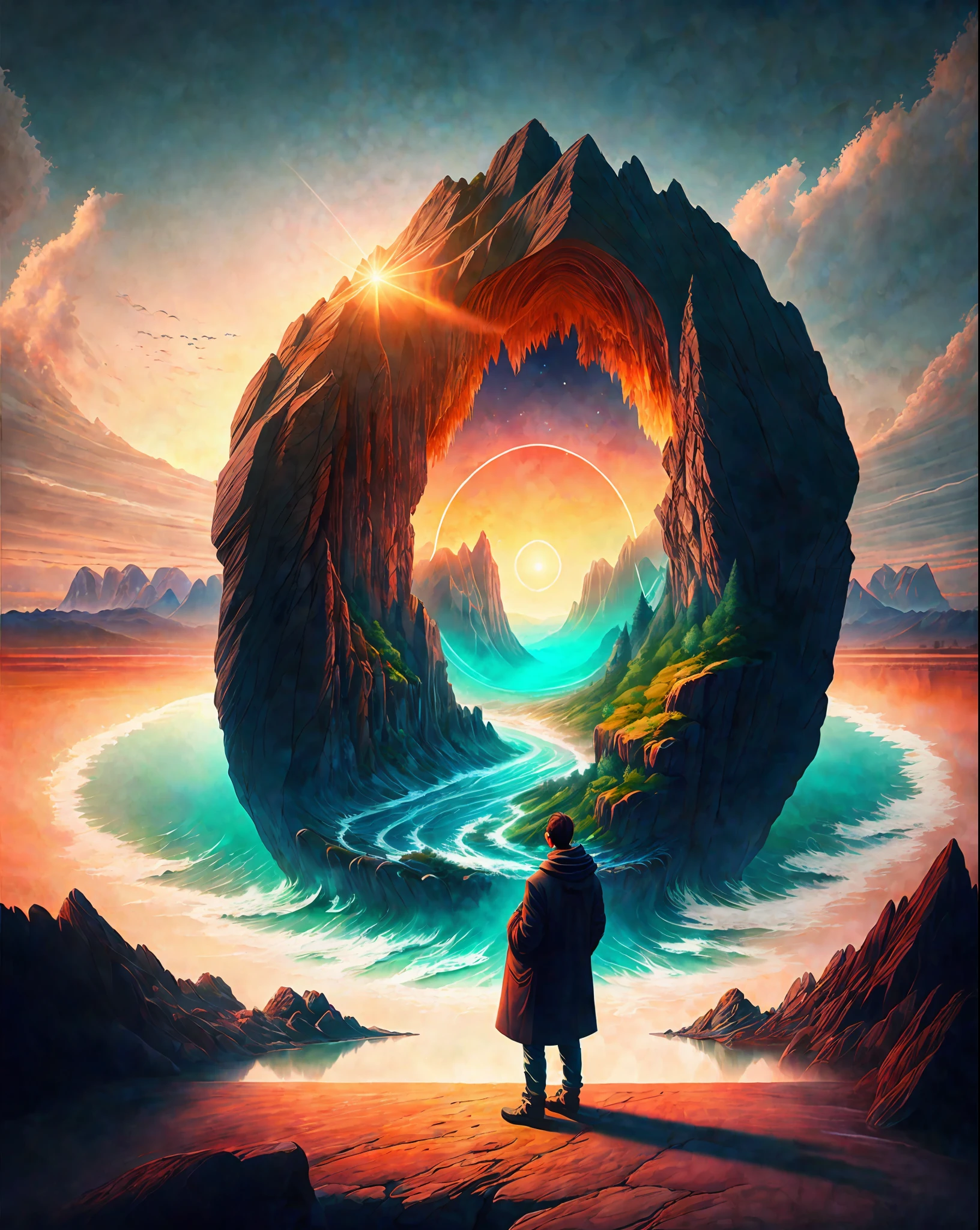 Craft a mesmerizing scene that deeply connects with the viewer, evoking a range of emotions and leaving an indelible impact without relying on words. Use a vibrant and contrasting color palette to intensify the visual impact. Depict a solitary figure standing at the edge of a breathtaking cliff, overlooking a vast and awe-inspiring landscape. Let the figure's posture and facial expression convey a mixture of awe, contemplation, and a hint of melancholy. Surround the scene with elements of nature, such as swirling clouds, distant mountains, or a cascading waterfall, to enhance the immersive experience. Infuse the atmosphere with a touch of magic or mystery, perhaps through subtle glowing orbs or ethereal light. Allow the composition and details of the scene to captivate the viewer and invite them on an emotional journey that lingers in their thoughts long after they've seen the artwork., intricate, masterpiece, expert, insanely detailed, 4k, composition, centered, intricate, volumetric lighting, beautiful, sharp focus, ultra detailed