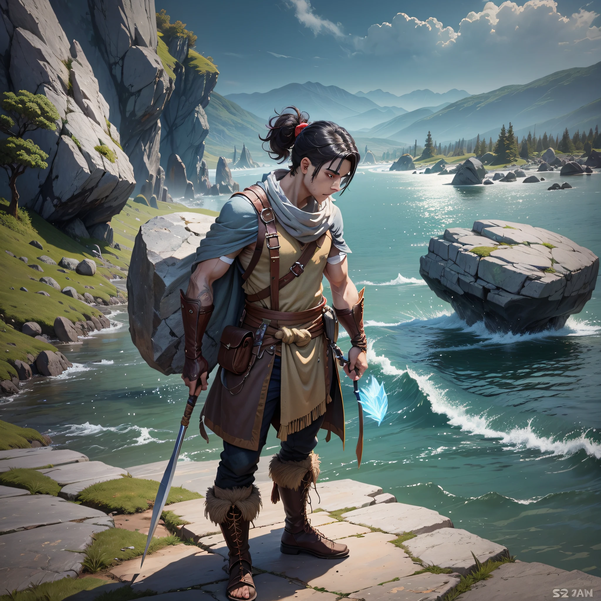 Character 1 finds a sharp stone near a rock --auto --s2