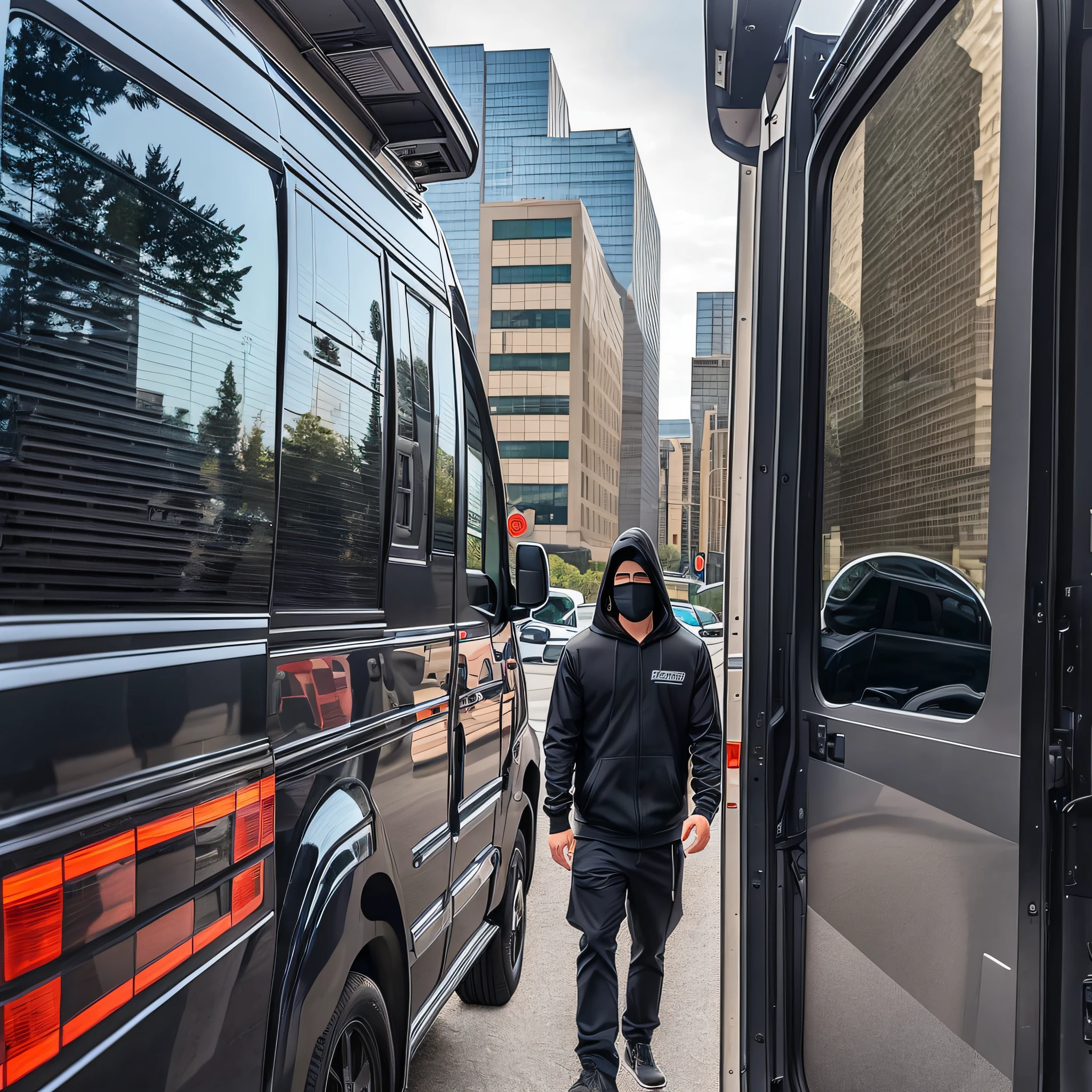 Two men in black hoods with their faces partially covered, both are in a van door, this van is black in color and is parked in an urban area. They are getting out of the van to kidnap a person. --auto --s2