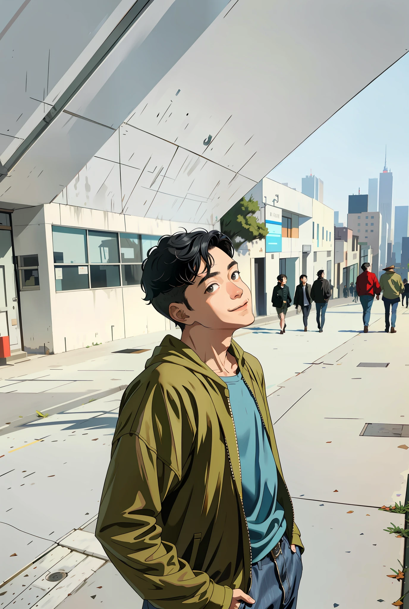 masterpiece, Top Quality, Absurdity, Perfect Anatomy, 1boy, Solo, Shrug \(clothing\), Long sleeve, , Standing, City, Outdoors, Cowboy shot, Smile, Black hair