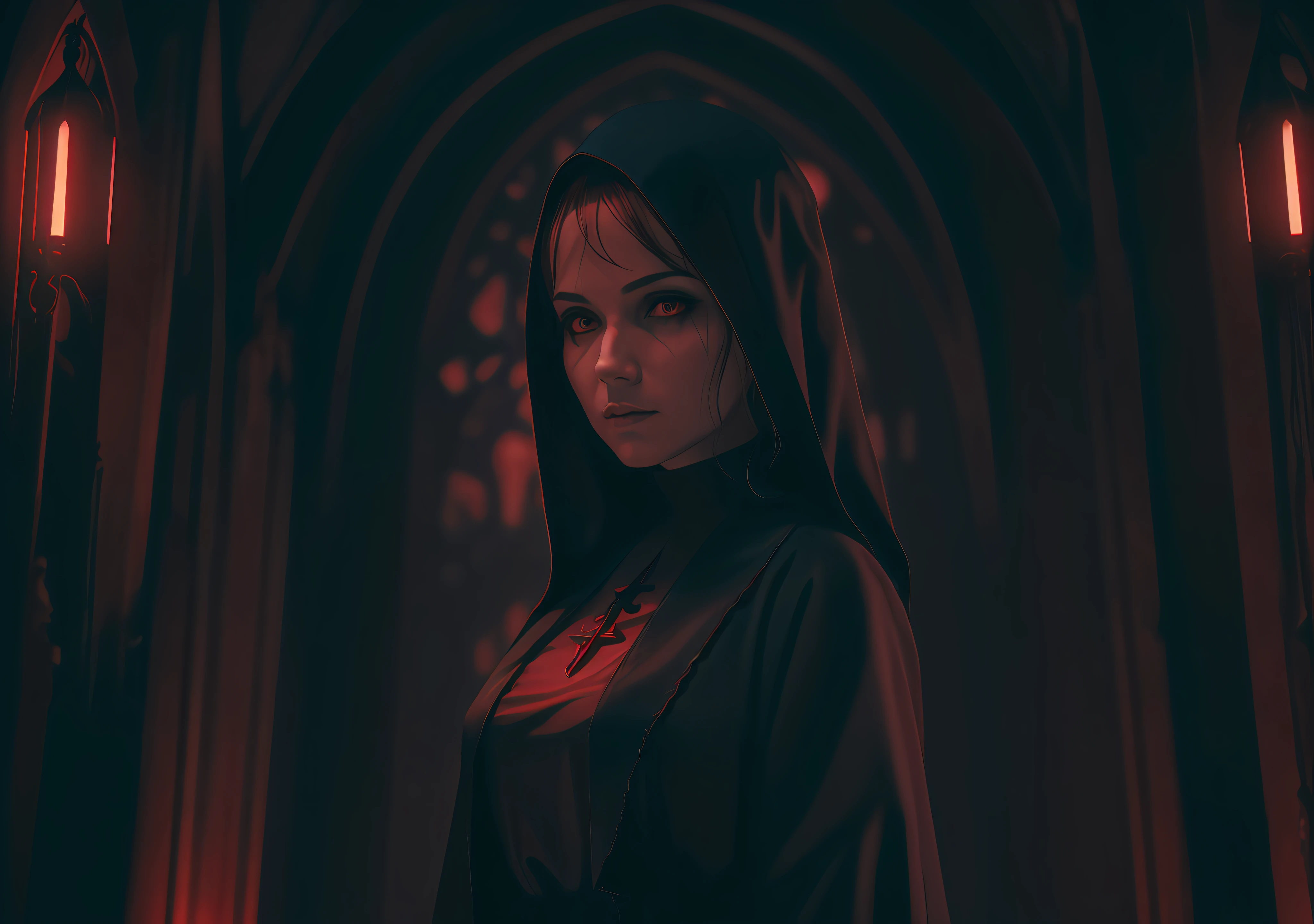 woman dj nun, dark, horror, red tones, gothic church in the background, ultra realistic, horror movie lighting, scary, chaos, Fujifilm Fujichrome Provia 100F movie, flashlight, ultra realistic, 8K UHD. --auto --s2