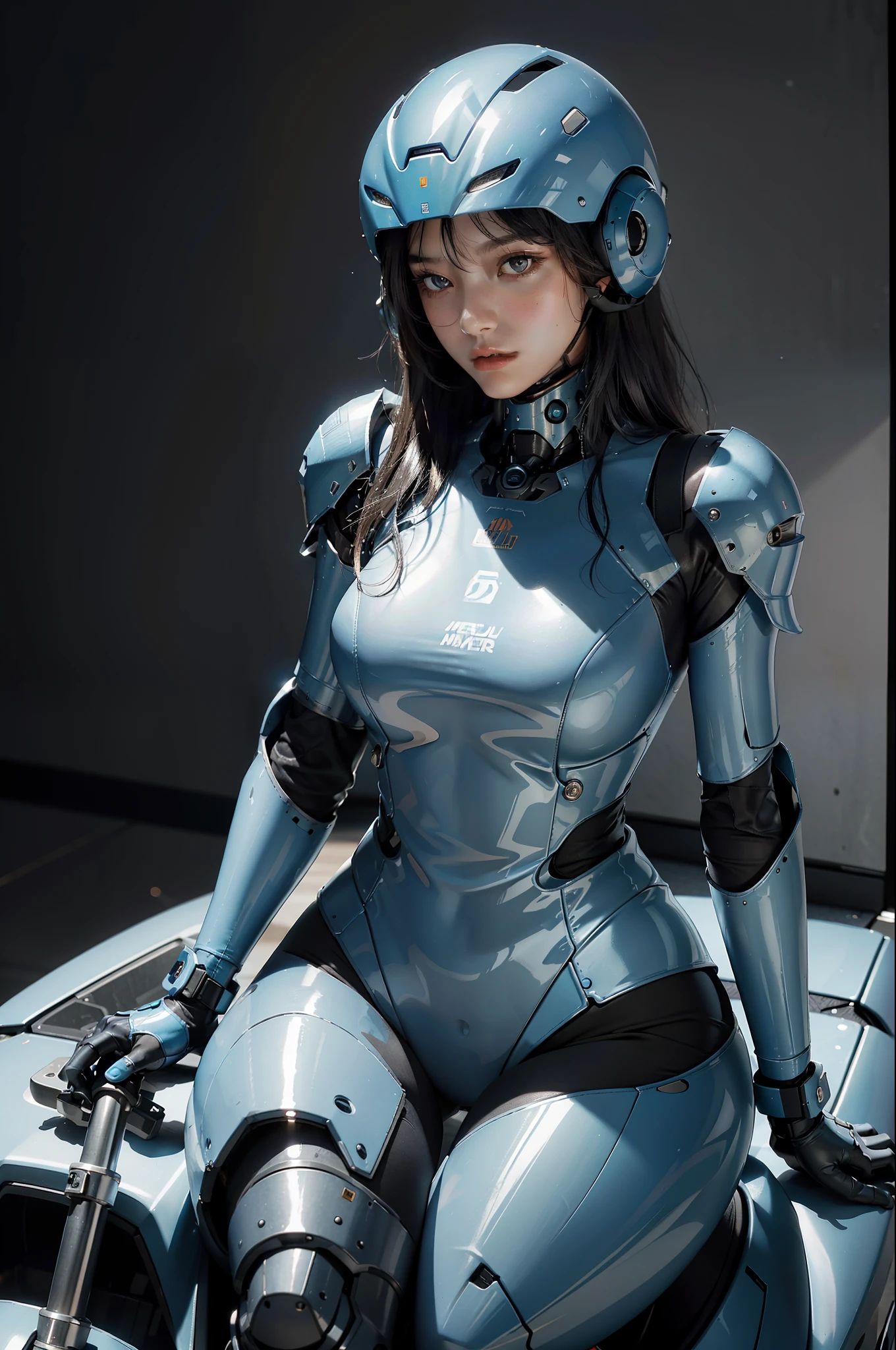 Best image quality, outstanding detail, ultra-high resolution, (realism: 1.4), best illustration, prefer details, highly condensed 1girl, delicate and beautiful face, dressed in black and blue mech, wearing a mecha helmet, riding an air motorcycle, sitting in a forward leaning position. The background is a high-tech lighting scene of a futuristic city.