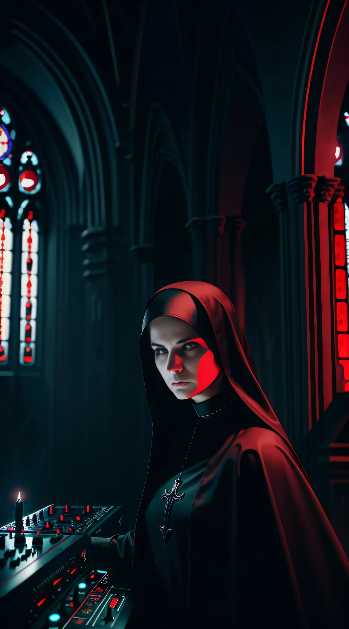 woman dj nun, dark, horror, red tones, gothic church in the background, ultra realistic, horror movie lighting, scary, chaos, Fujifilm Fujichrome Provia 100F movie, flashlight, ultra realistic, 8K UHD. --auto --s2