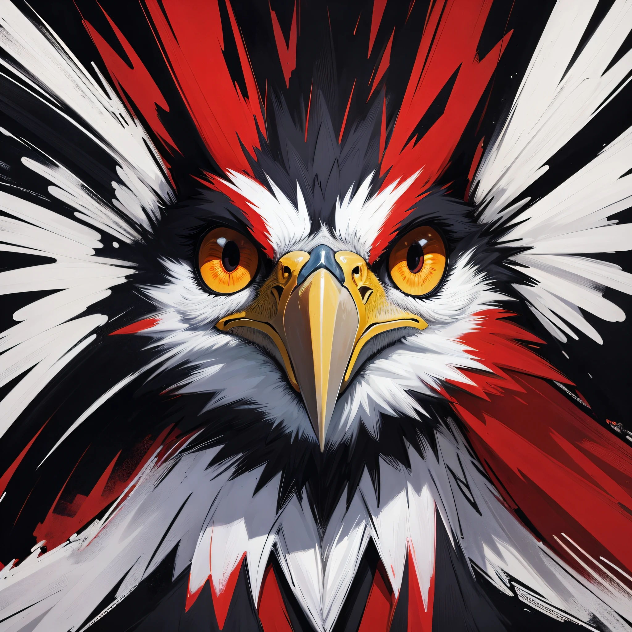 An image of a striking portrait of a [Eagle] , painted in a bold and expressive style, lit by a dramatic spotlight, extremely detailed, ultra realistic, 10k high resolution, in the style of caricature, cartoon, manga, Pop Art, Surrealism, Abstract Expressionism, Red and White --auto --s2