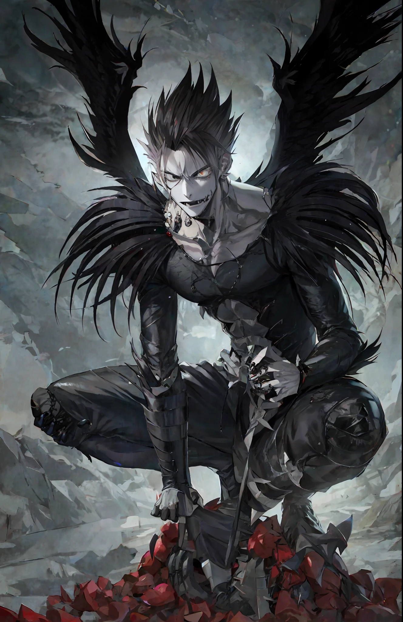 a drawing of a male vampire with a black and white face and black wings, shinigami, death note style, death note, death note , d & d, he's very menacing and evil, light yagami, inspired by Takeshi Obata, beautiful male god of death, inspired by Sugimura Jihei, the king of death