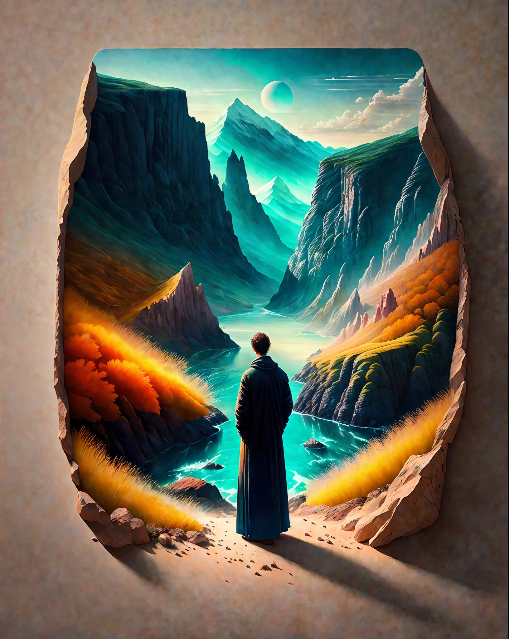 Craft a mesmerizing scene that deeply connects with the viewer, evoking a range of emotions and leaving an indelible impact without relying on words. Use a vibrant and contrasting color palette to intensify the visual impact. Depict a solitary figure standing at the edge of a breathtaking cliff, overlooking a vast and awe-inspiring landscape. Let the figure's posture and facial expression convey a mixture of awe, contemplation, and a hint of melancholy. Surround the scene with elements of nature, such as swirling clouds, distant mountains, or a cascading waterfall, to enhance the immersive experience. Infuse the atmosphere with a touch of magic or mystery, perhaps through subtle glowing orbs or ethereal light. Allow the composition and details of the scene to captivate the viewer and invite them on an emotional journey that lingers in their thoughts long after they've seen the artwork., intricate, masterpiece, expert, insanely detailed, 4k, composition, centered, intricate, volumetric lighting, beautiful, sharp focus, ultra detailed